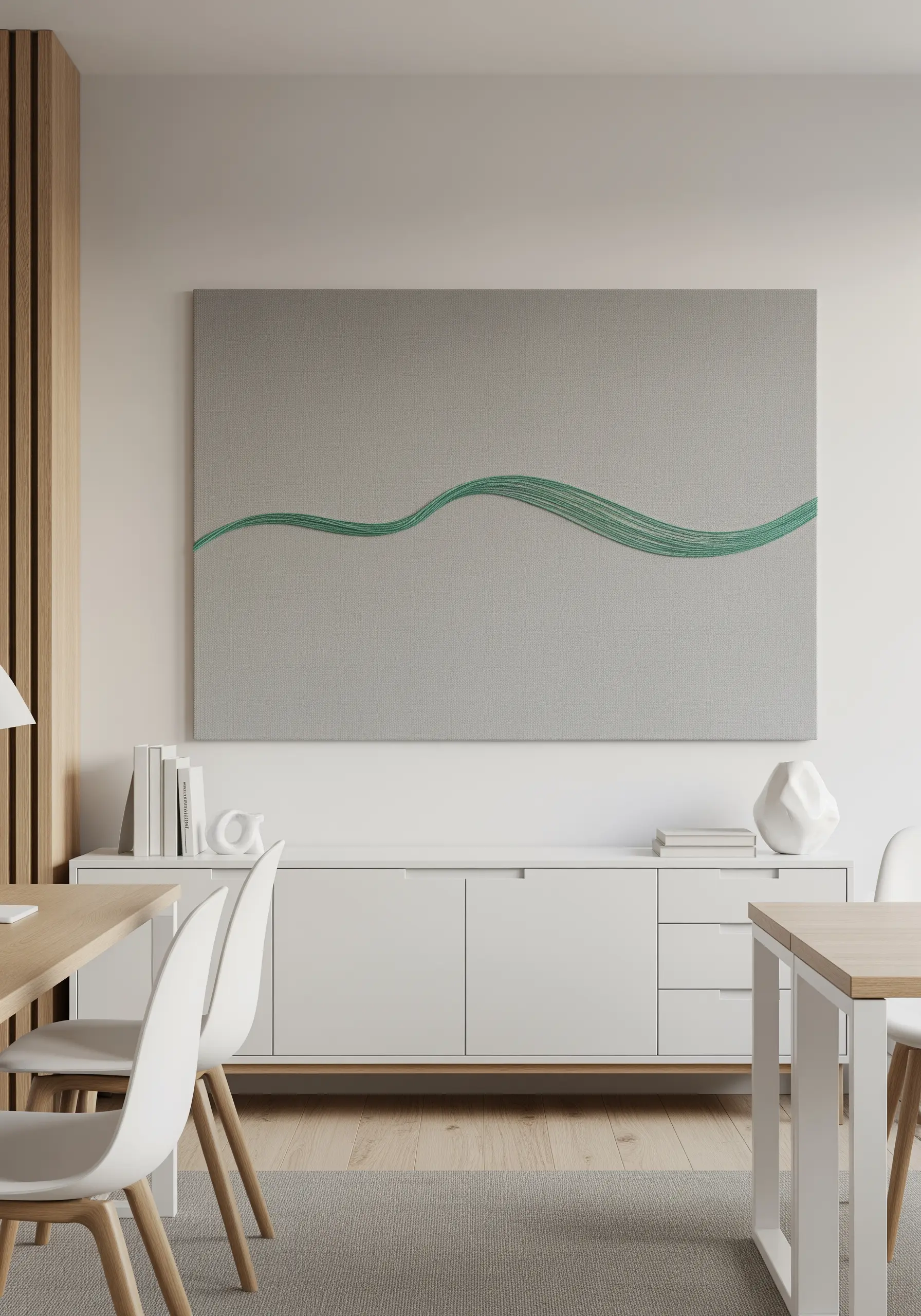 An abstract, flowing wave created with dozens of parallel green stitches on a grey canvas.