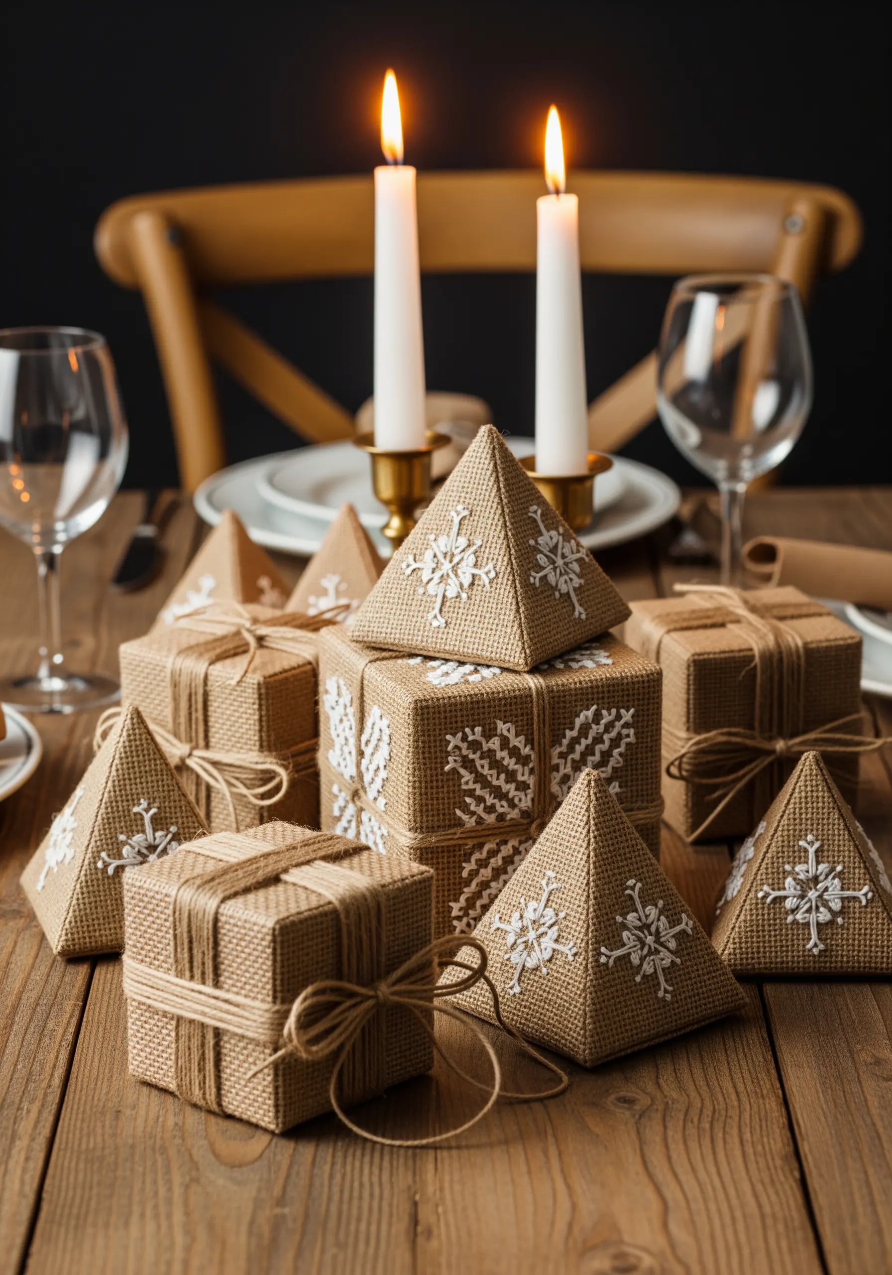 Burlap pyramids with white snowflake embroidery