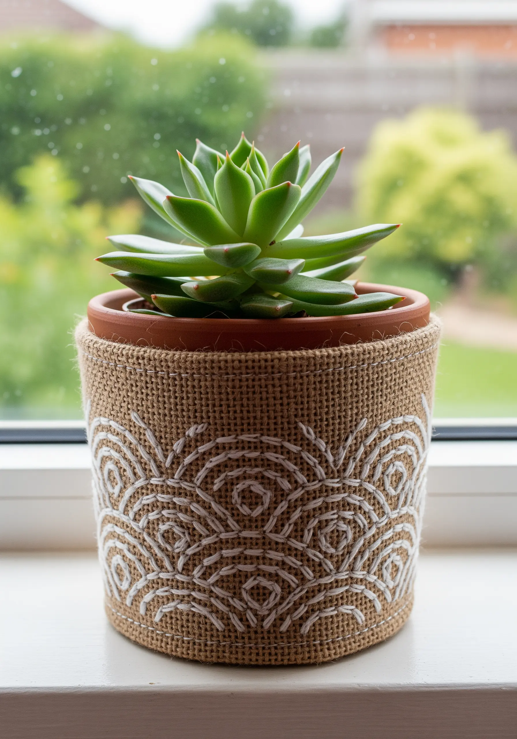 Sashiko style white stitching on burlap plant pot cover