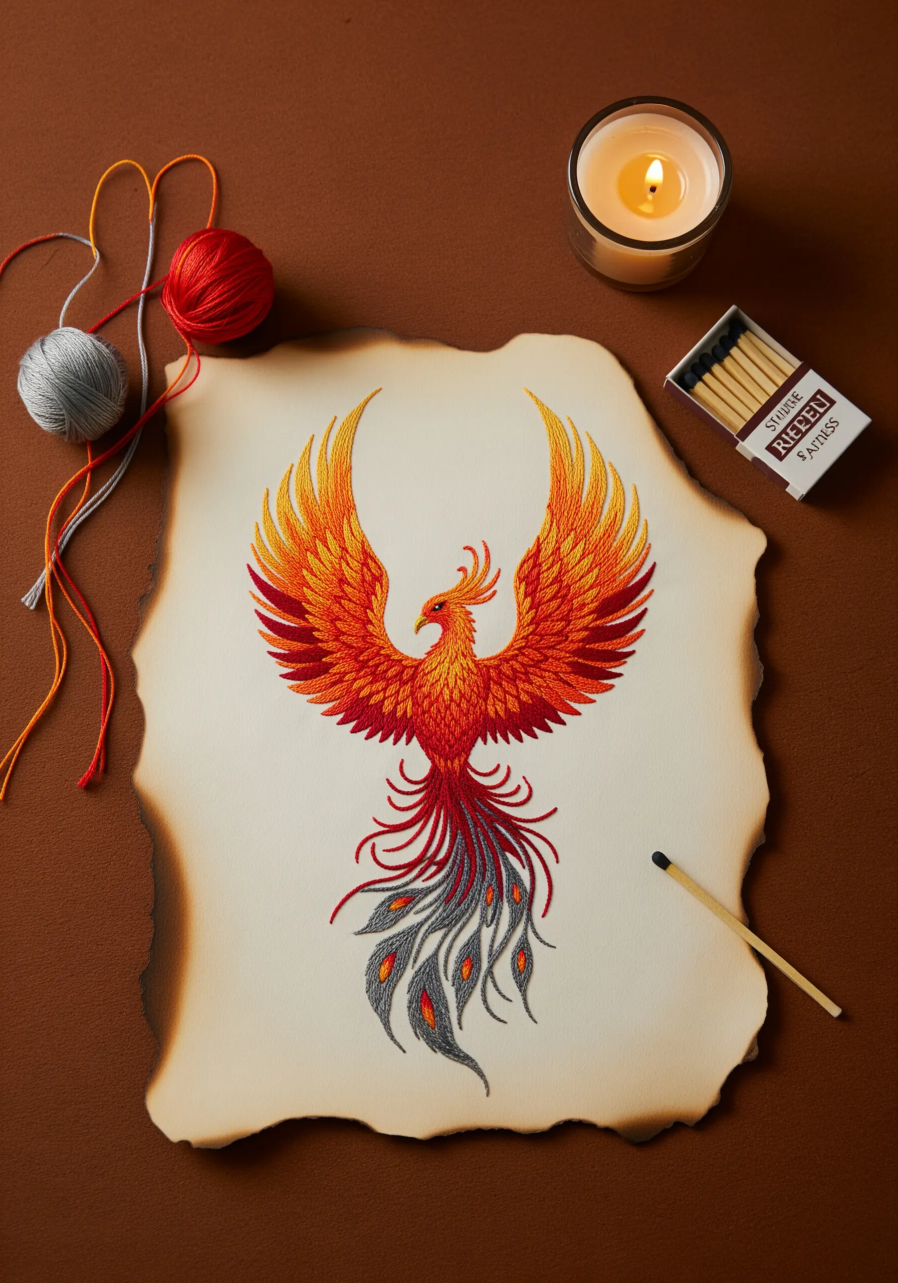 Phoenix embroidered in red and orange on burnt paper