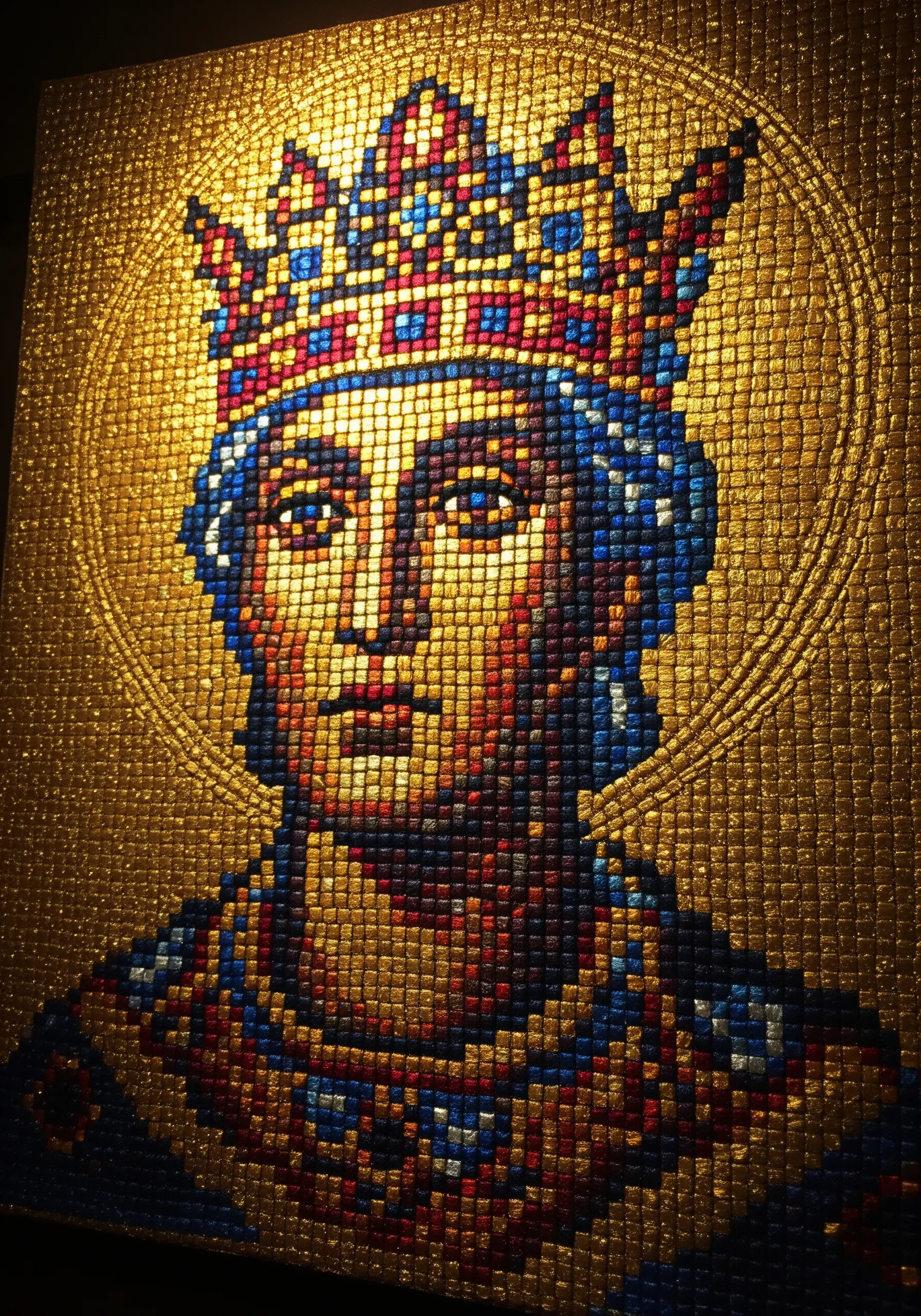 A portrait rendered in the style of a Byzantine mosaic with shimmering gold tiles.