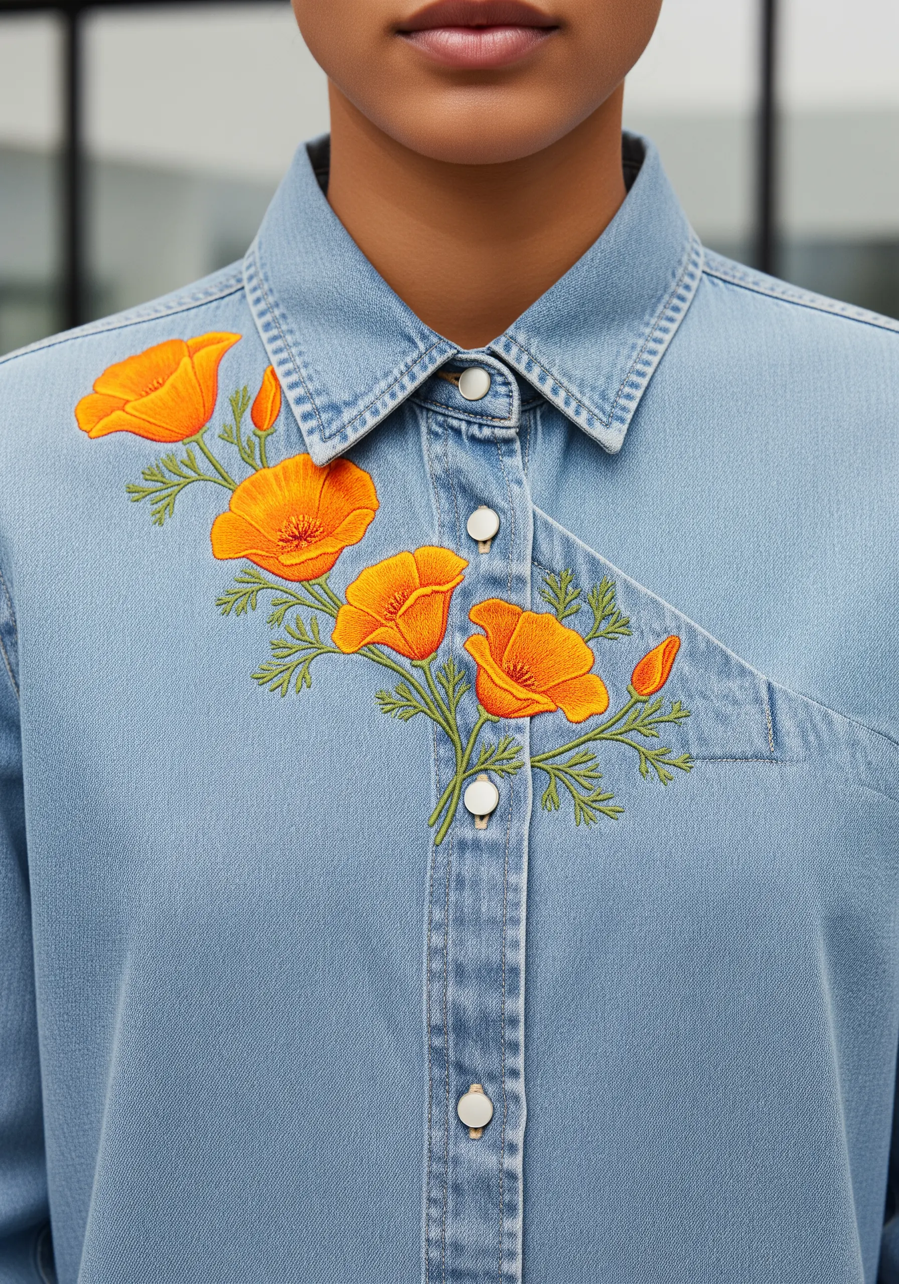 Vibrant orange California poppies with delicate green leaves embroidered on a light-wash denim shirt.