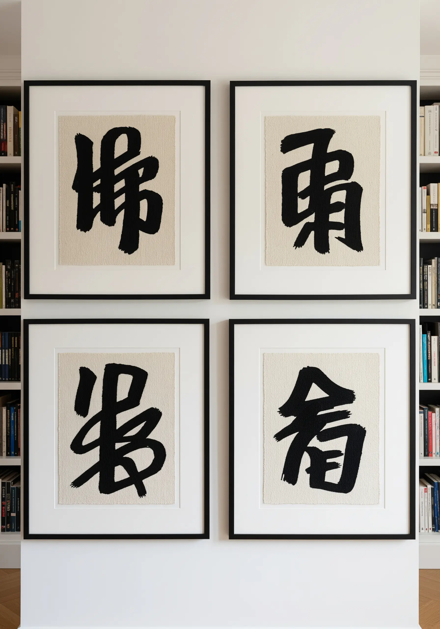 Four framed embroidery pieces showing bold, black calligraphic characters on a neutral fabric.