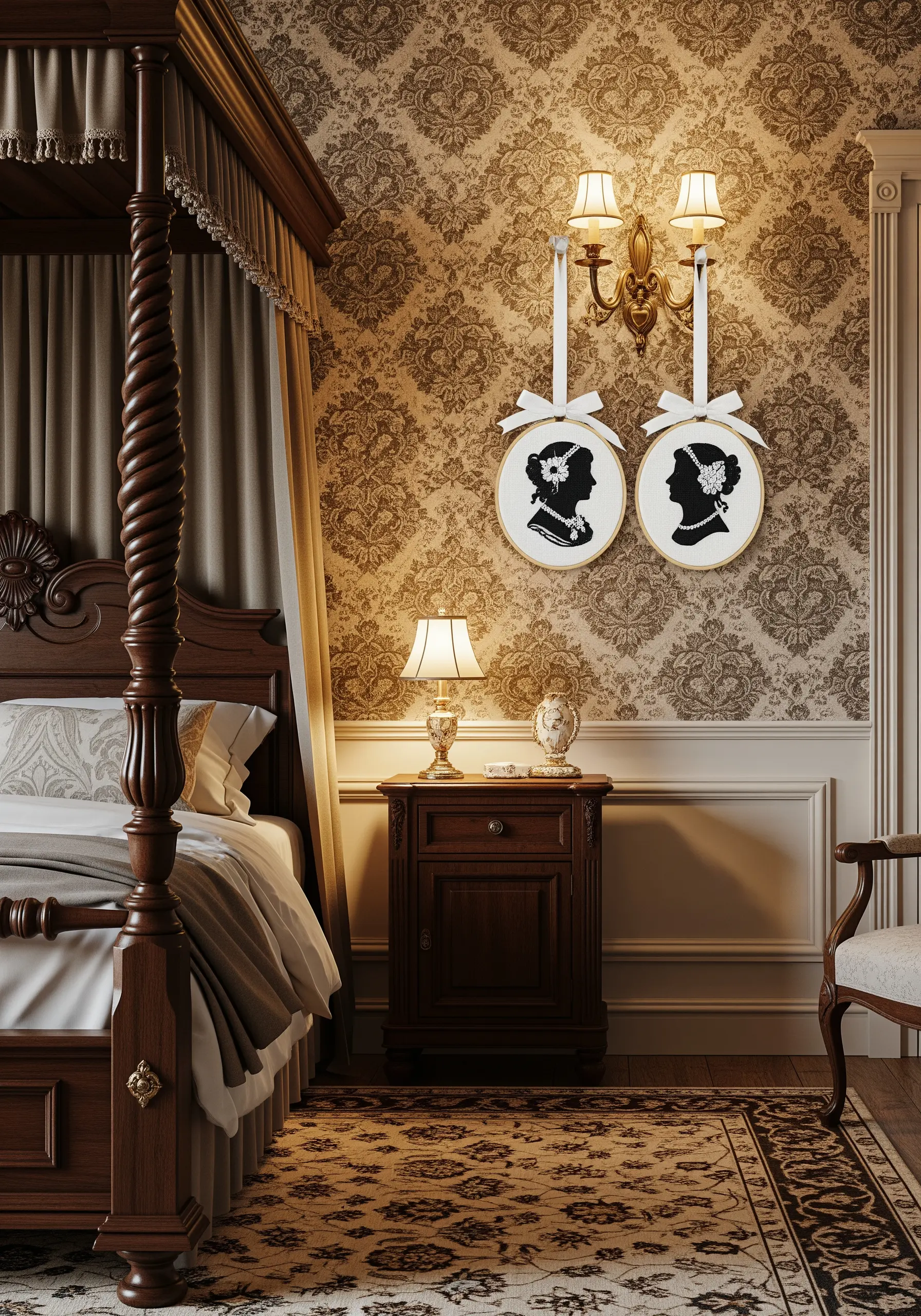 A pair of black embroidered cameo silhouette portraits in white embroidery hoops.