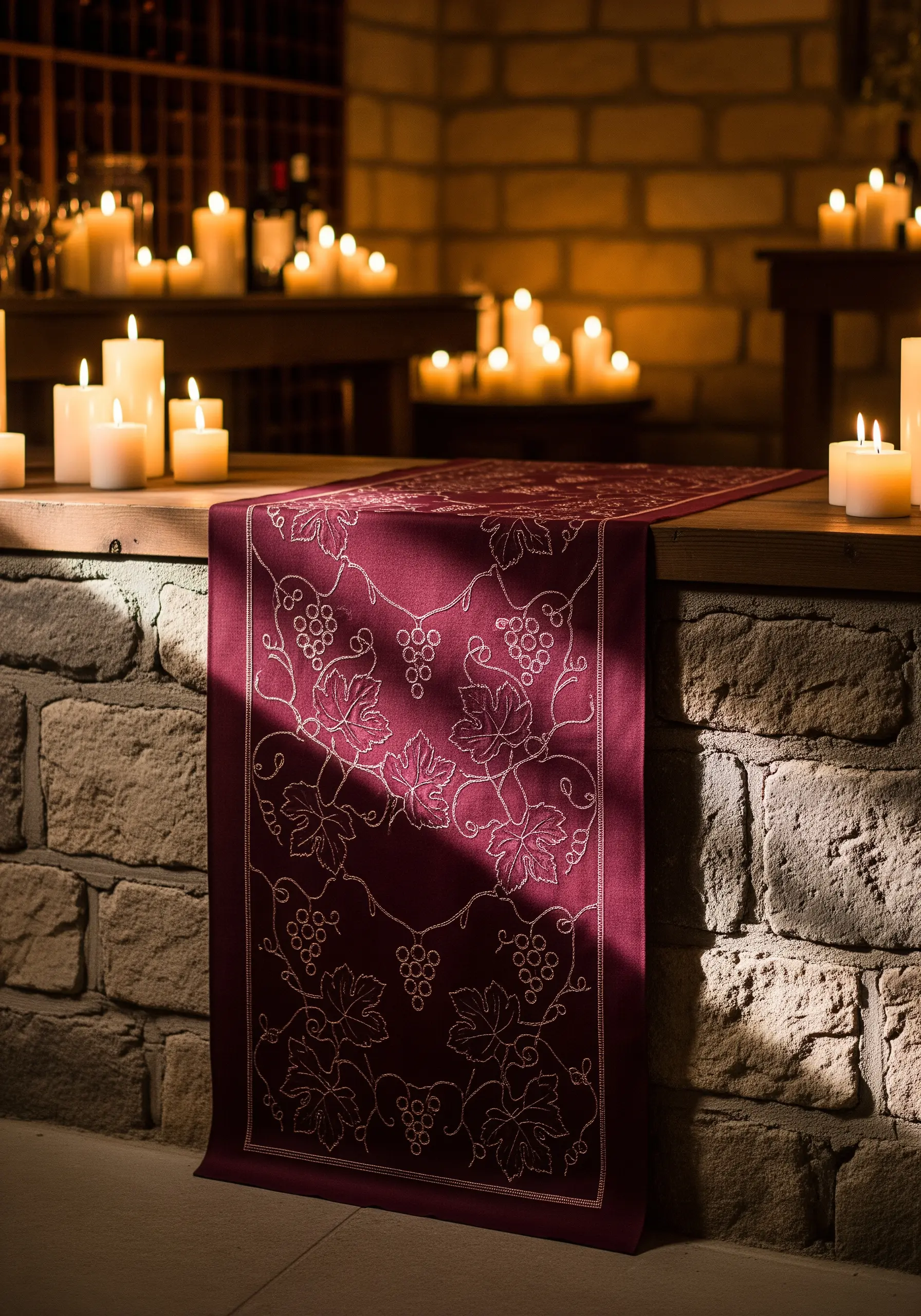A burgundy table runner with a grapevine pattern stitched in a shimmering light thread.