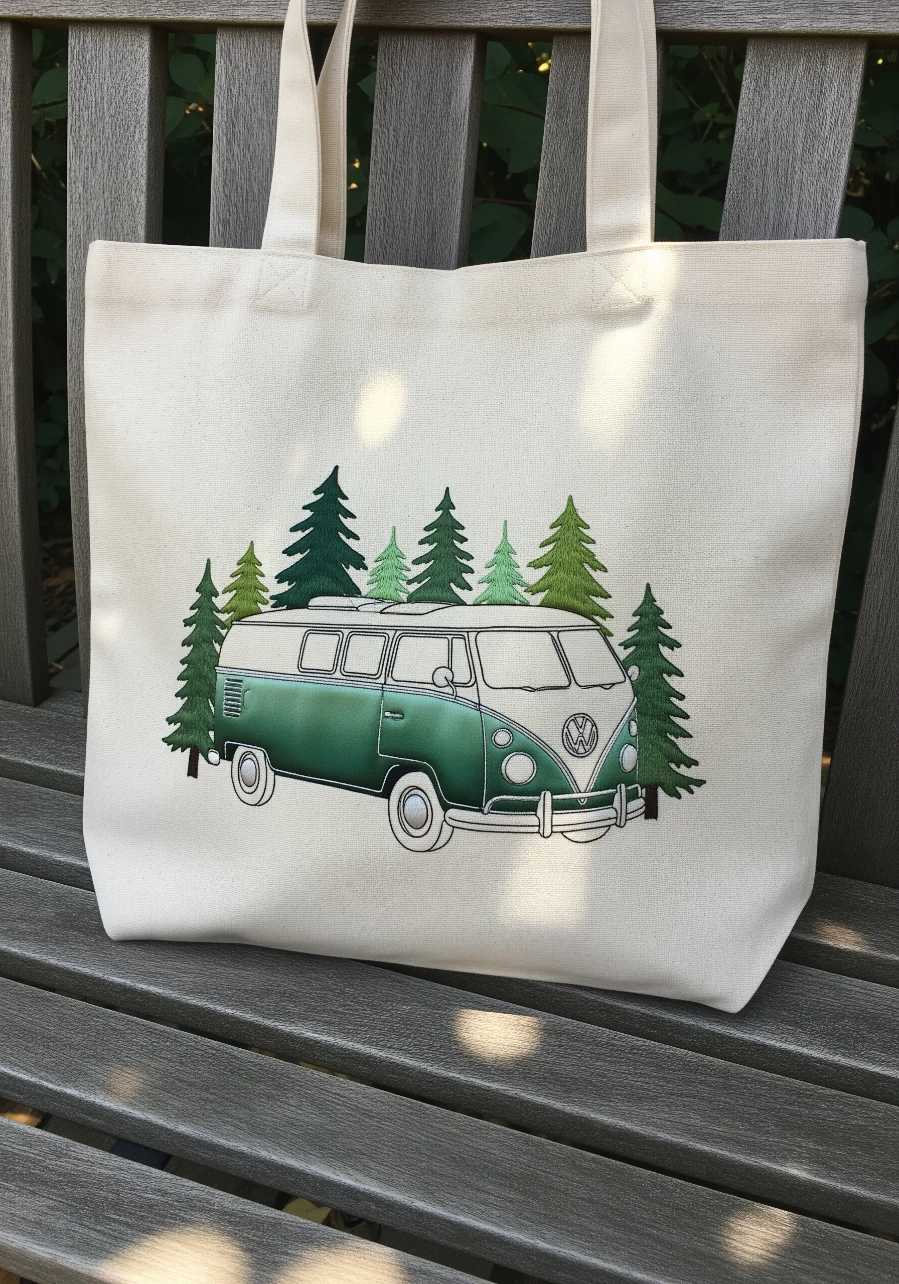 Canvas tote bag with embroidered VW bus and trees
