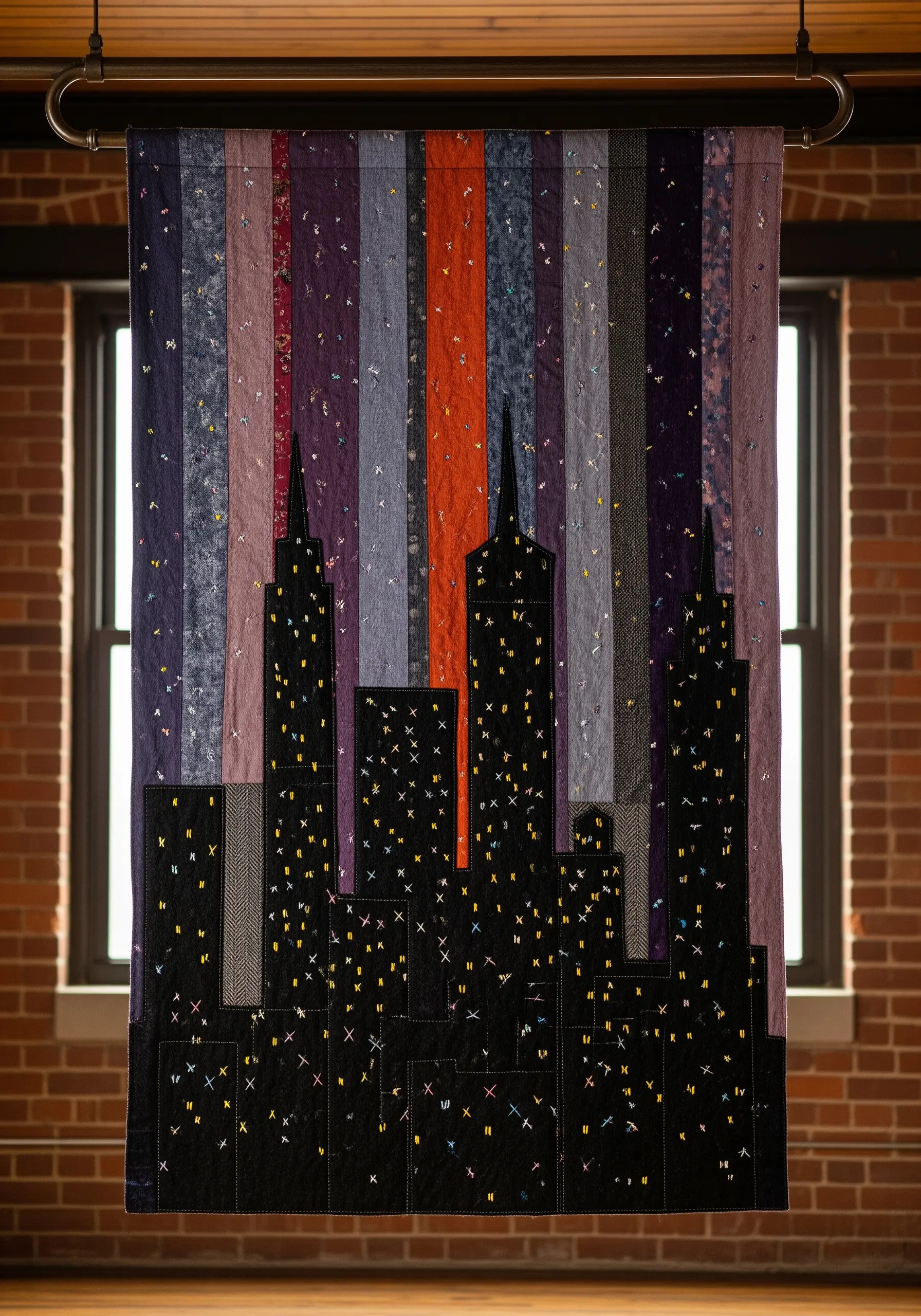 A quilted wall hanging of a city skyline at night, with small colorful stitches as lights.