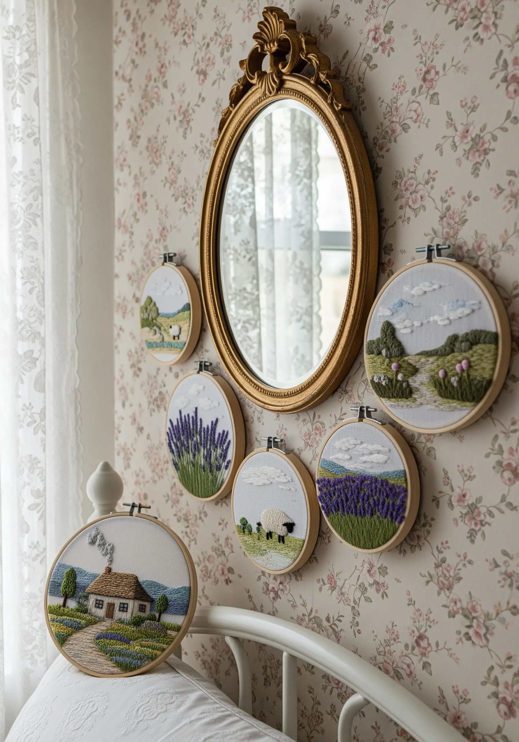 A collection of small embroidery hoops depicting serene country landscapes, arranged on a floral wallpaper wall.
