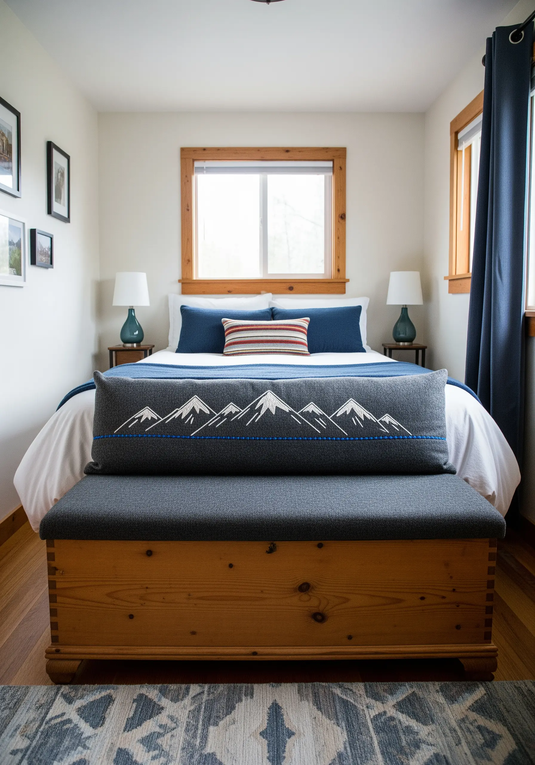 A long, grey bolster pillow with a minimalist embroidered mountain range.
