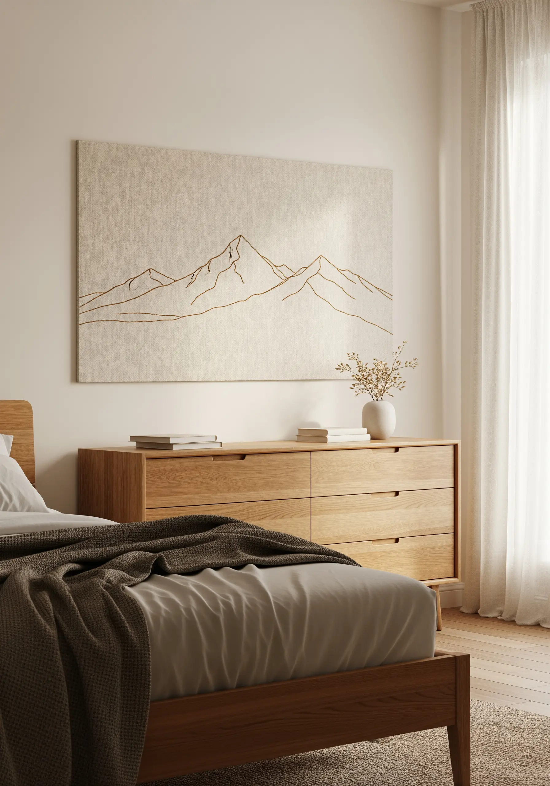 A minimalist line art embroidery of a mountain range, stitched in gold on a large linen canvas.