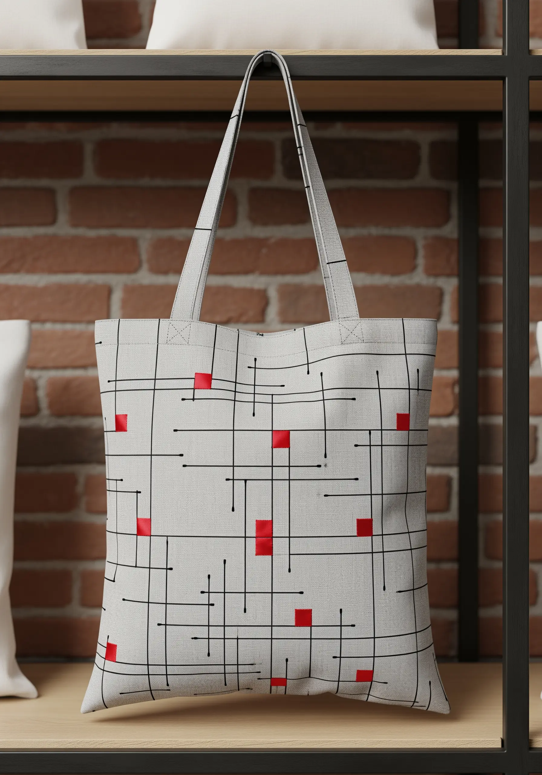 A mid-century modern grid pattern with small red satin-stitched squares on a light grey tote.