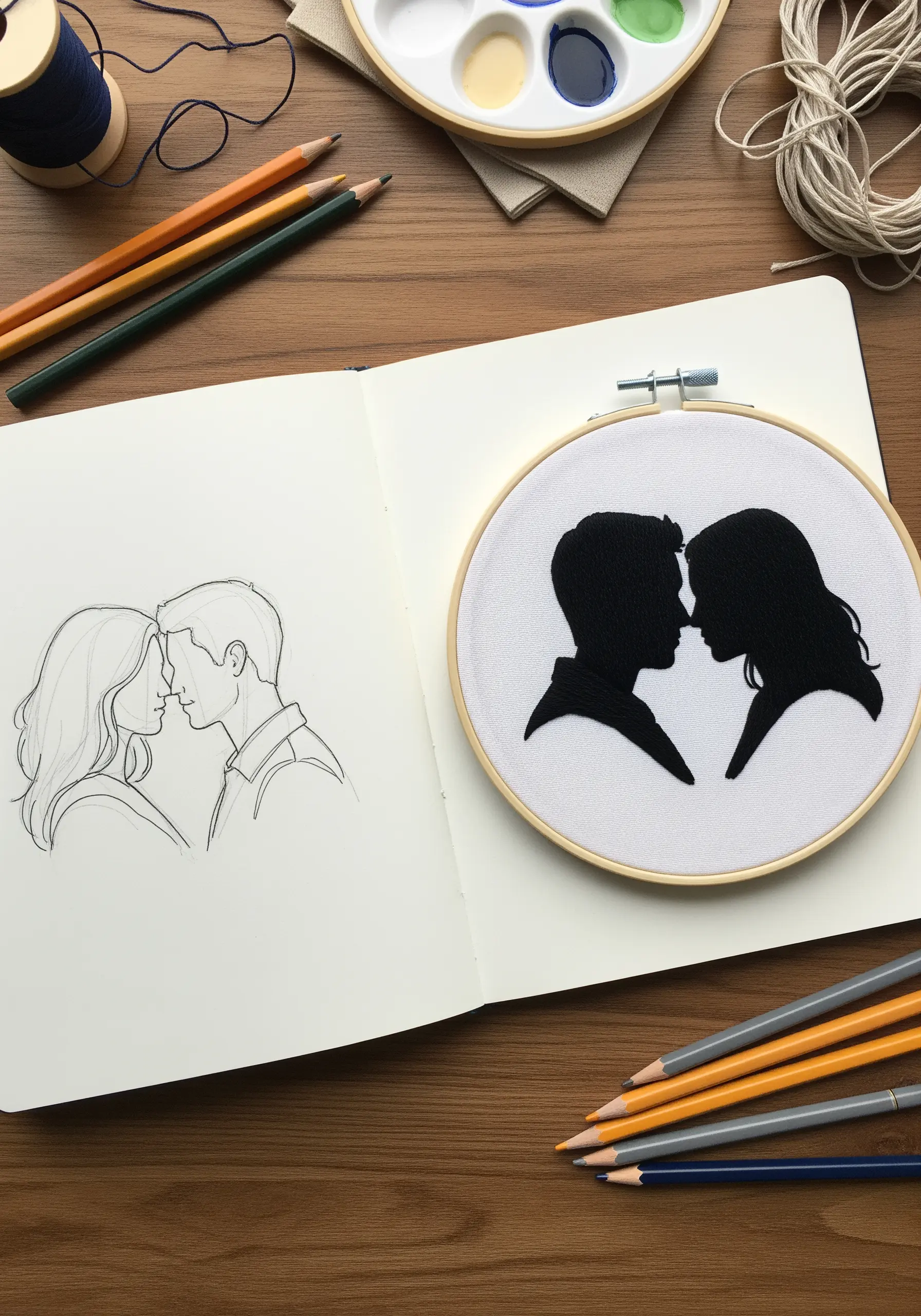 Embroidered black silhouette of a couple about to kiss in a hoop.