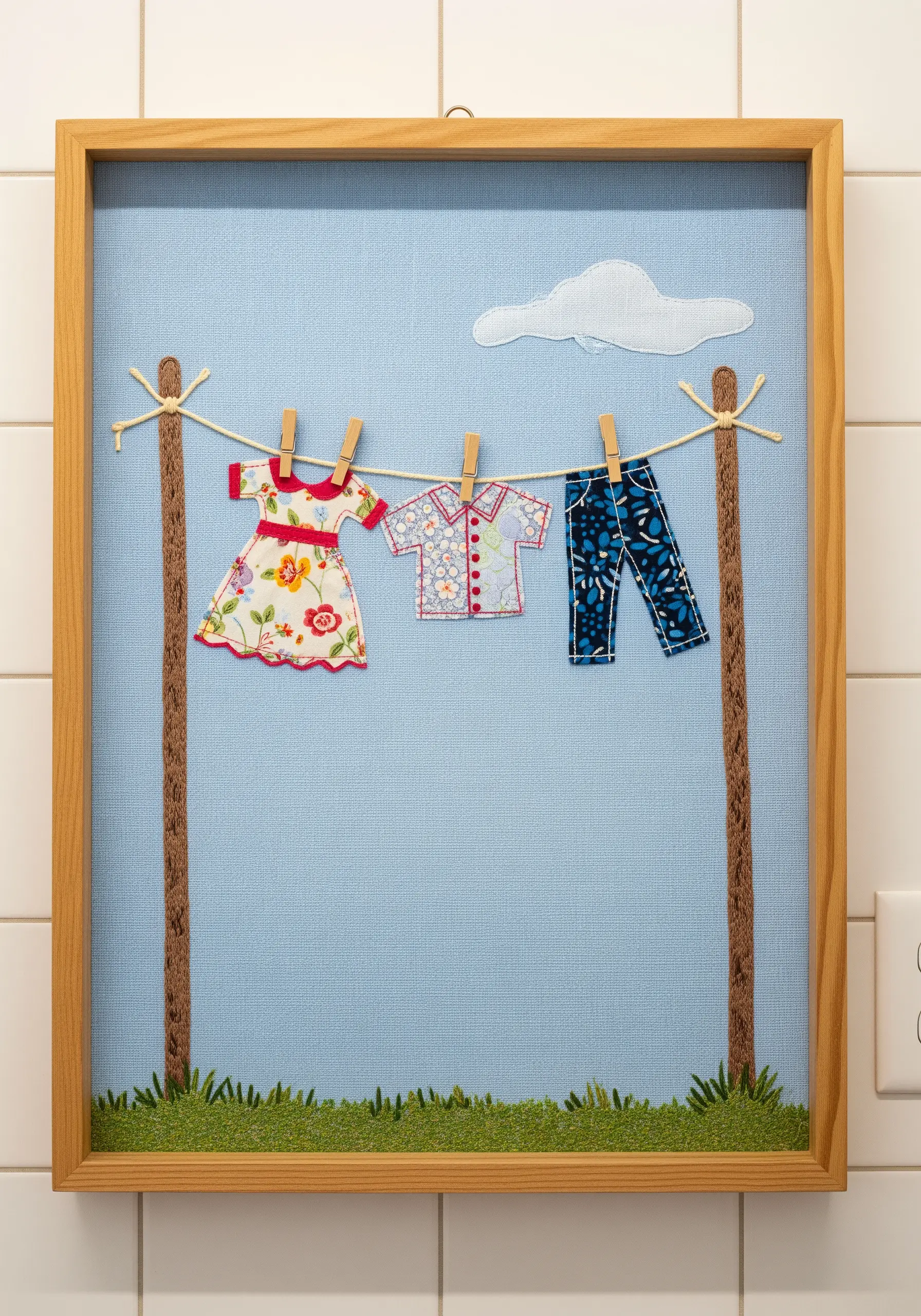 Framed fabric art of tiny appliqué clothes hanging on a line with mini clothespins.