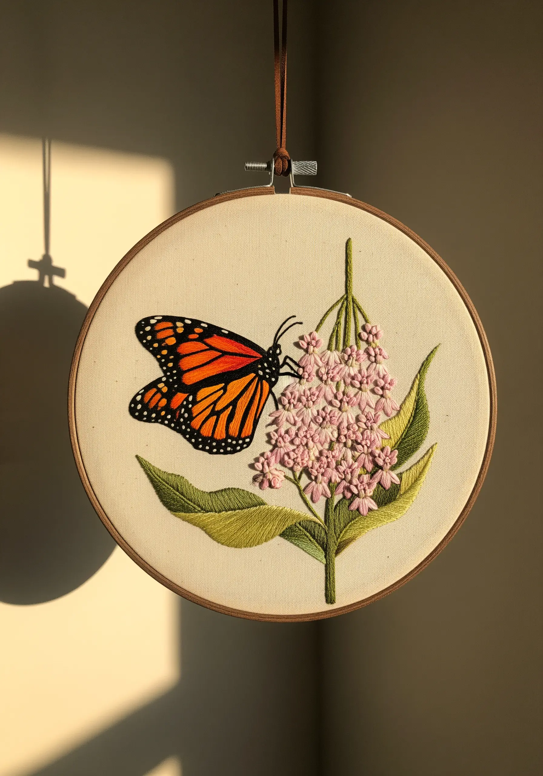 Detailed embroidery of a monarch butterfly with thread-painted wings on a flower.