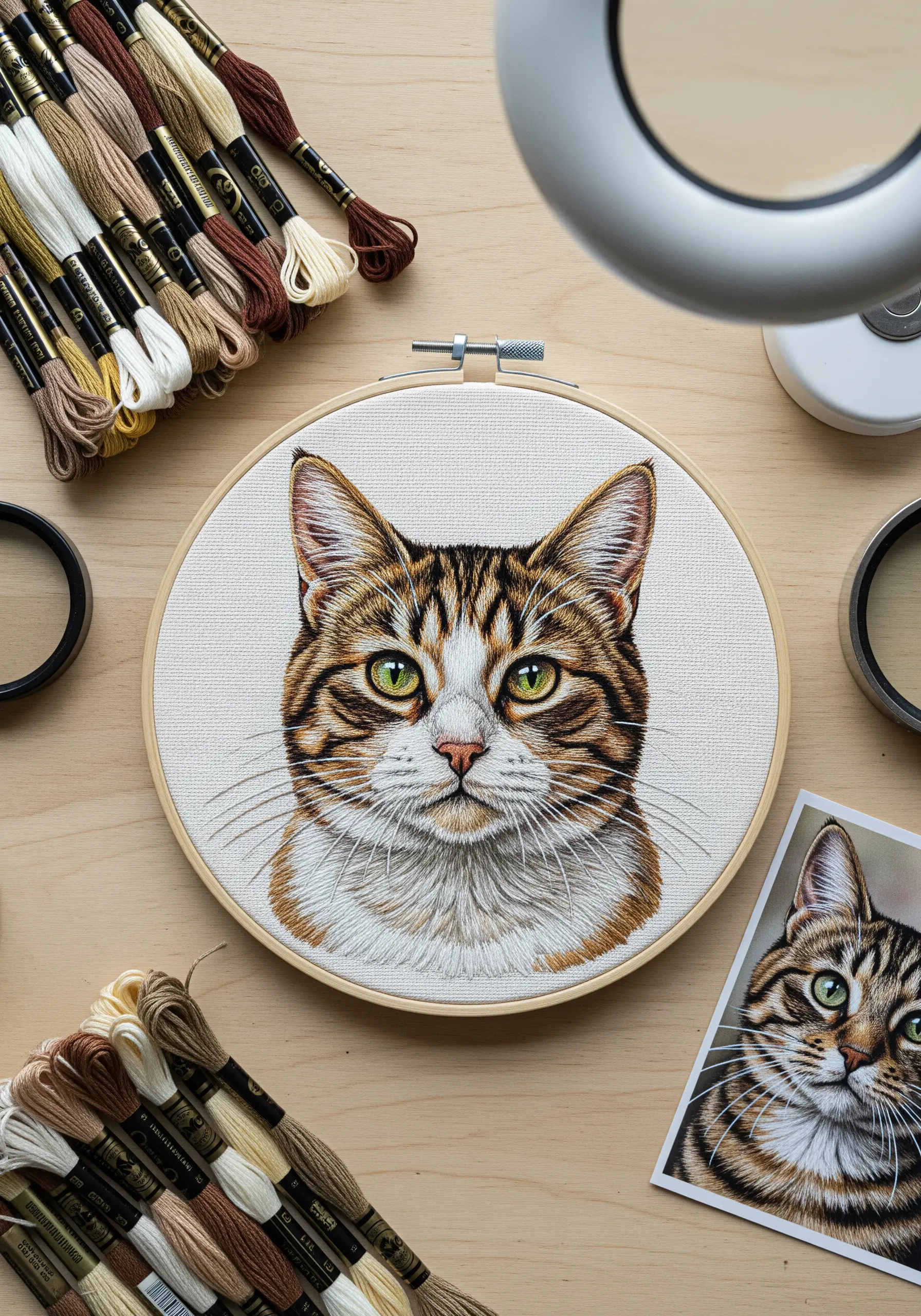 A realistic thread-painted portrait of a tabby cat in an embroidery hoop.