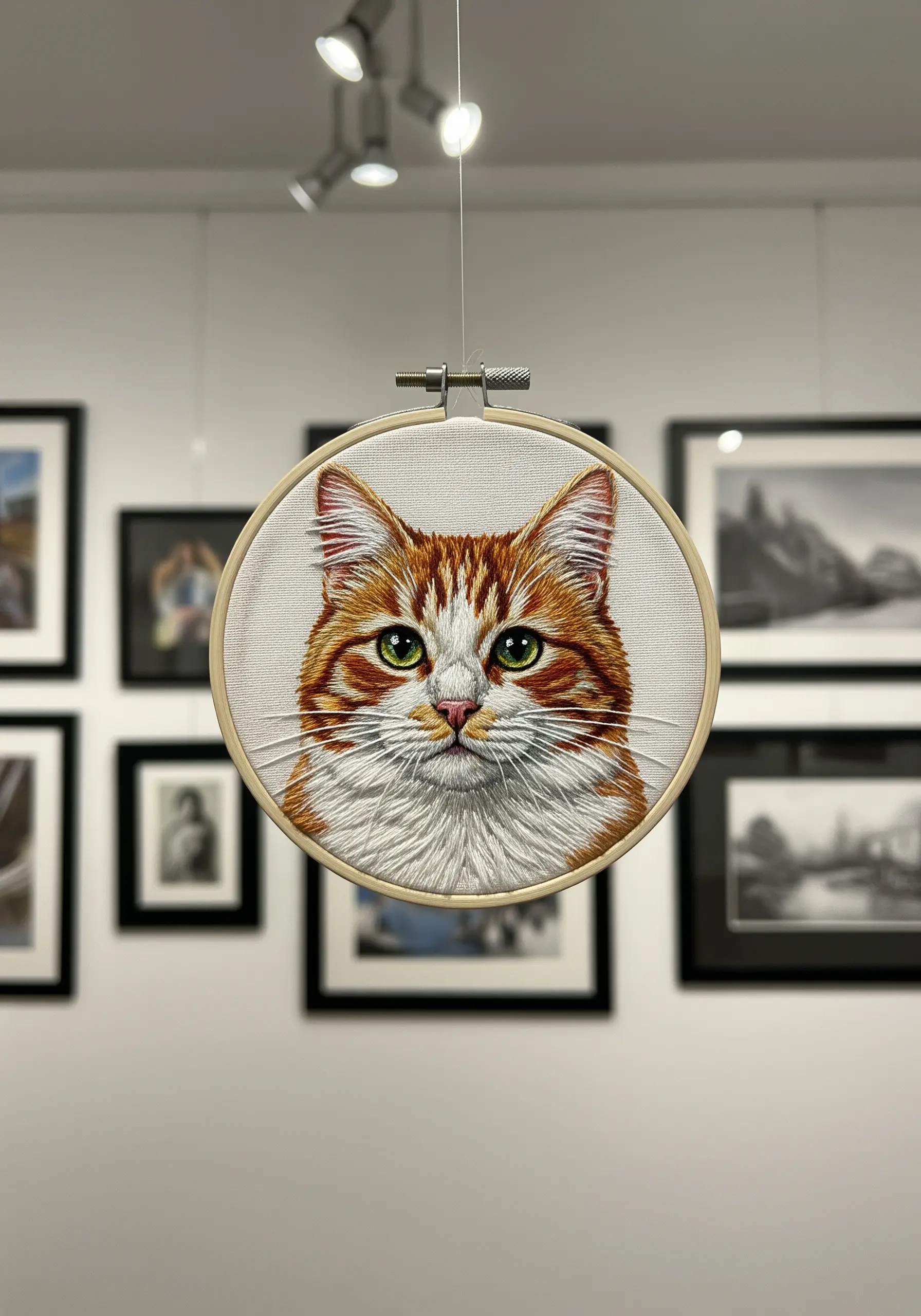 Hyper-realistic thread-painted portrait of a ginger and white cat in a wooden hoop.