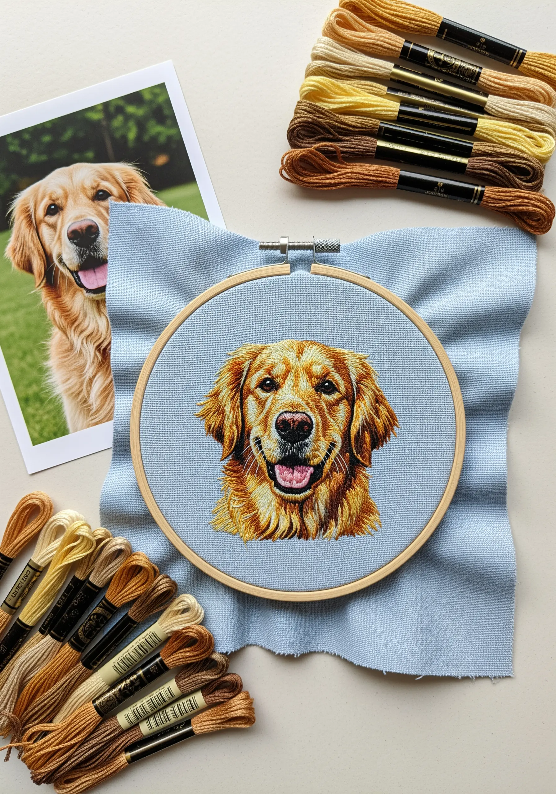 A detailed, realistic pet portrait of a golden retriever, stitched in a hoop