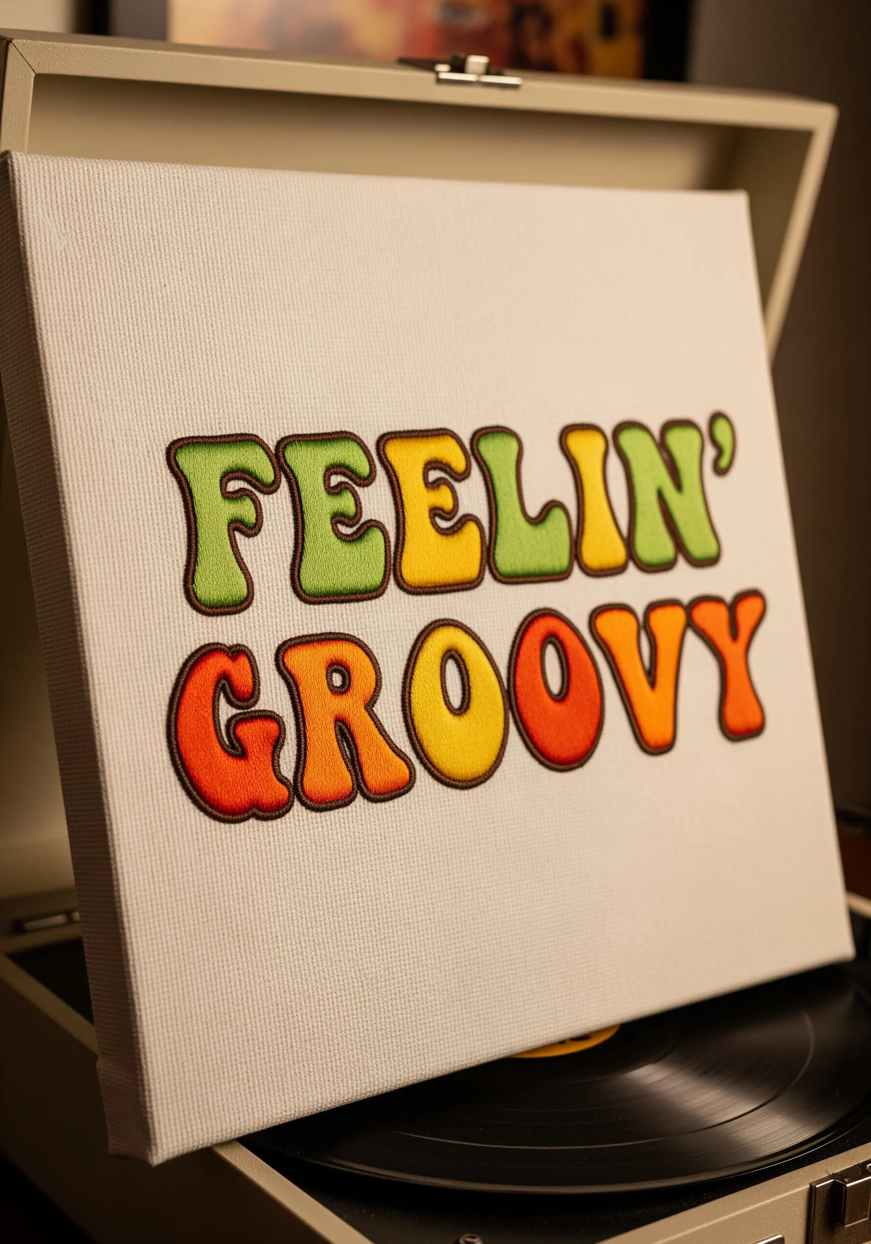 “FEELIN' GROOVY” in 70s-style bubble letters with a thick brown outline.
