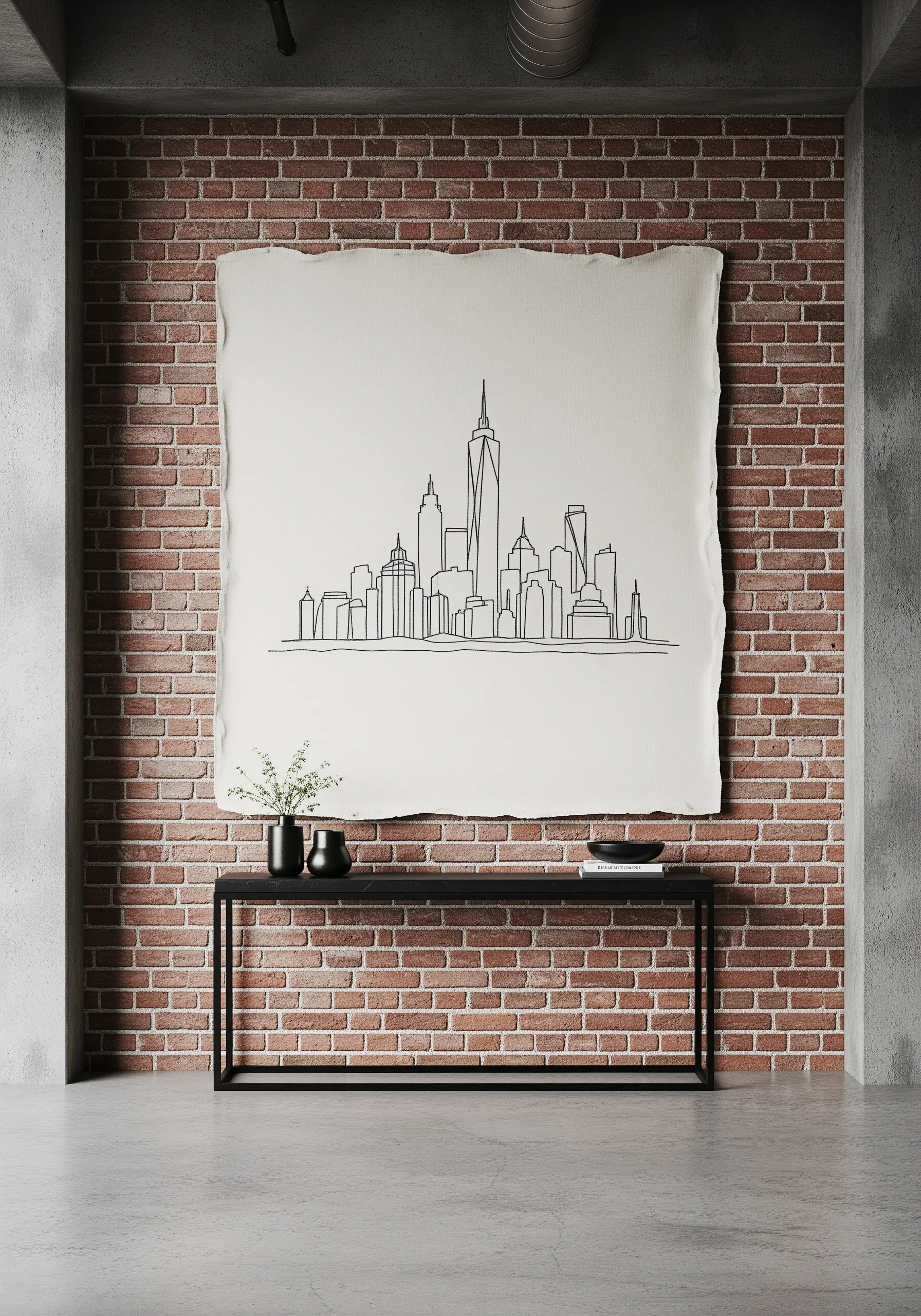 A minimalist black-thread skyline embroidered onto a raw-edged piece of canvas.