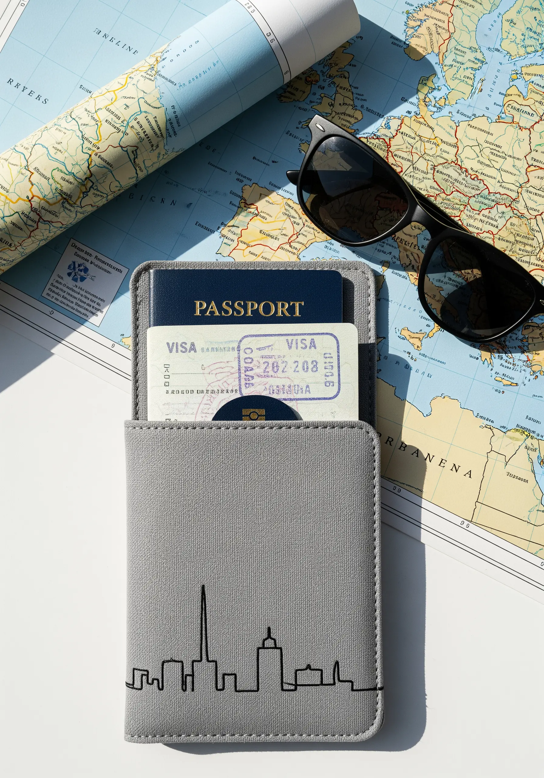 A minimalist black line art skyline embroidered on the bottom of a gray passport holder.