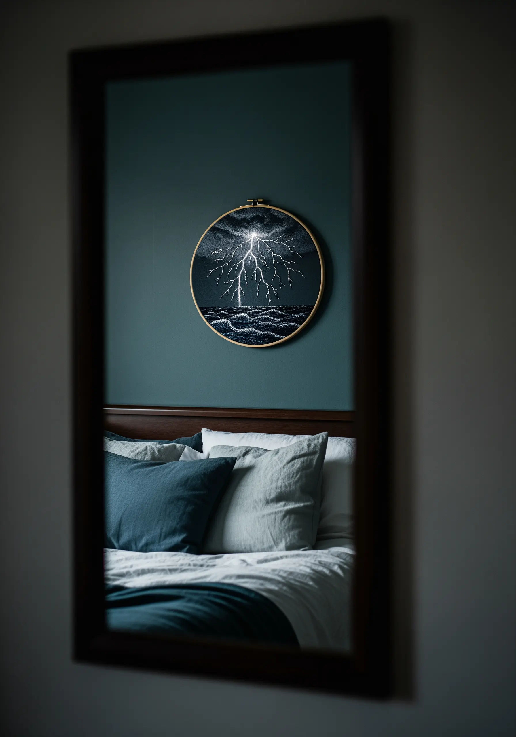A dramatic embroidery of a white lightning bolt striking over dark waves on a black background.