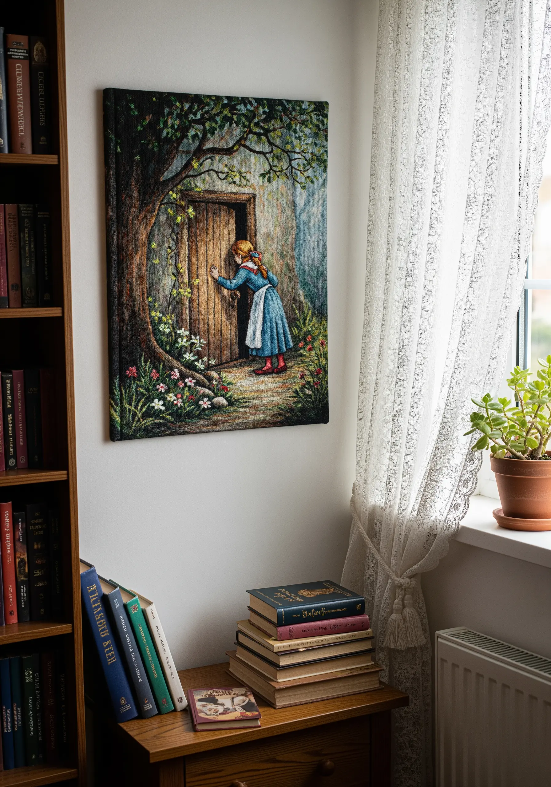 An embroidered storybook scene of a girl in a blue dress knocking on a wooden door in a forest.