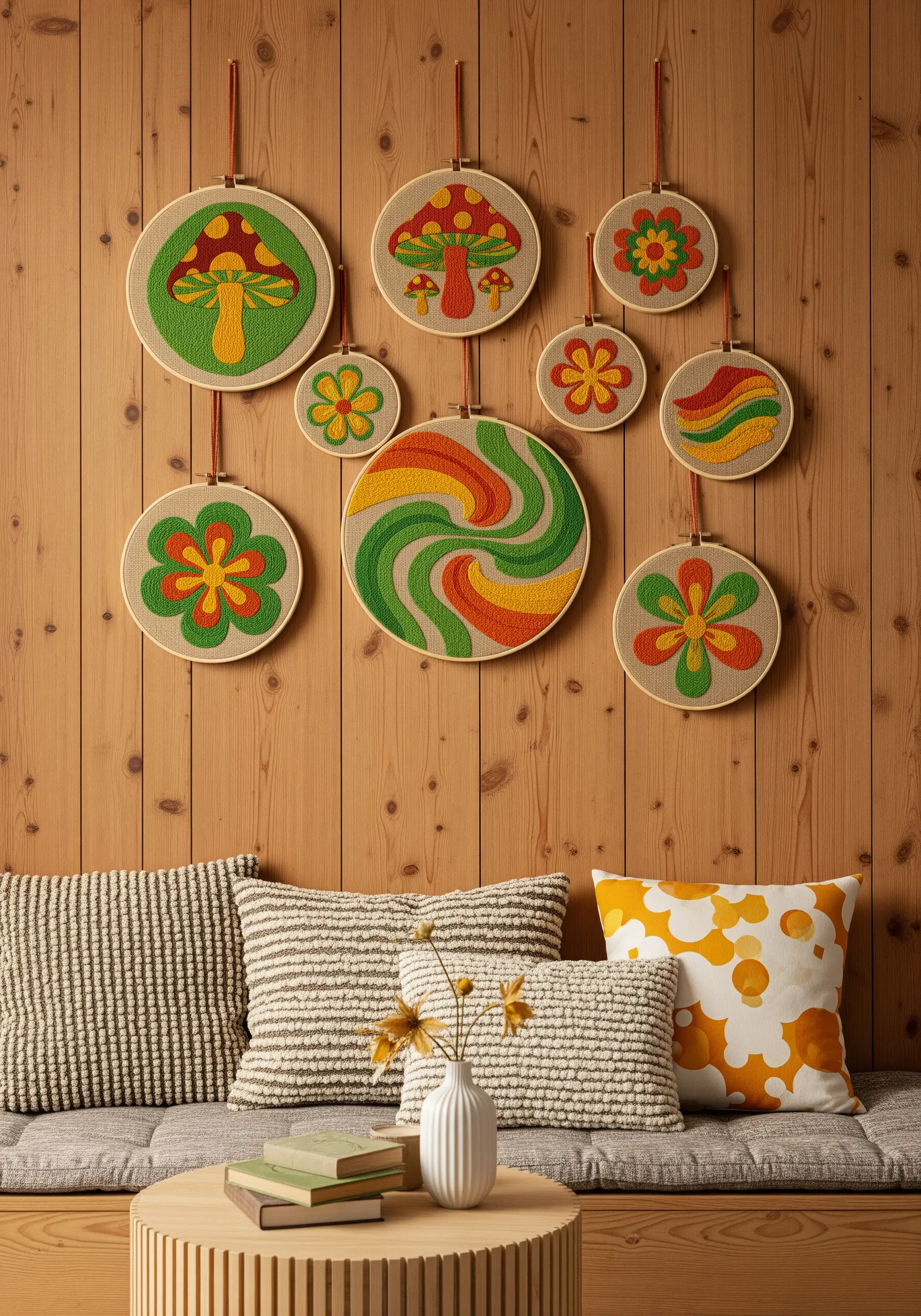 Retro 1970s-style embroidery hoops with mushrooms in orange, green, and yellow.