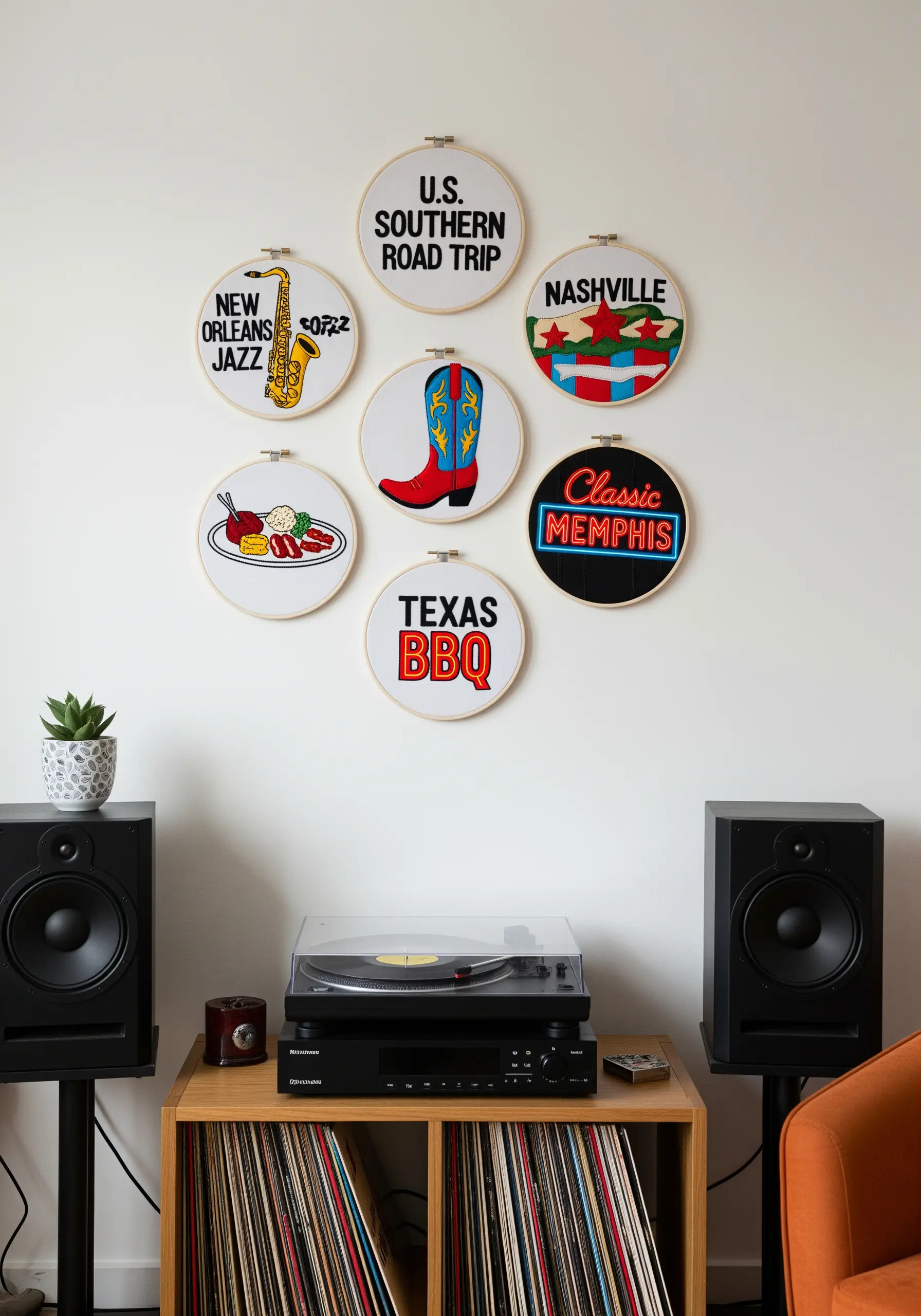 A circular display of seven embroidery hoops themed around a U.S. Southern road trip.