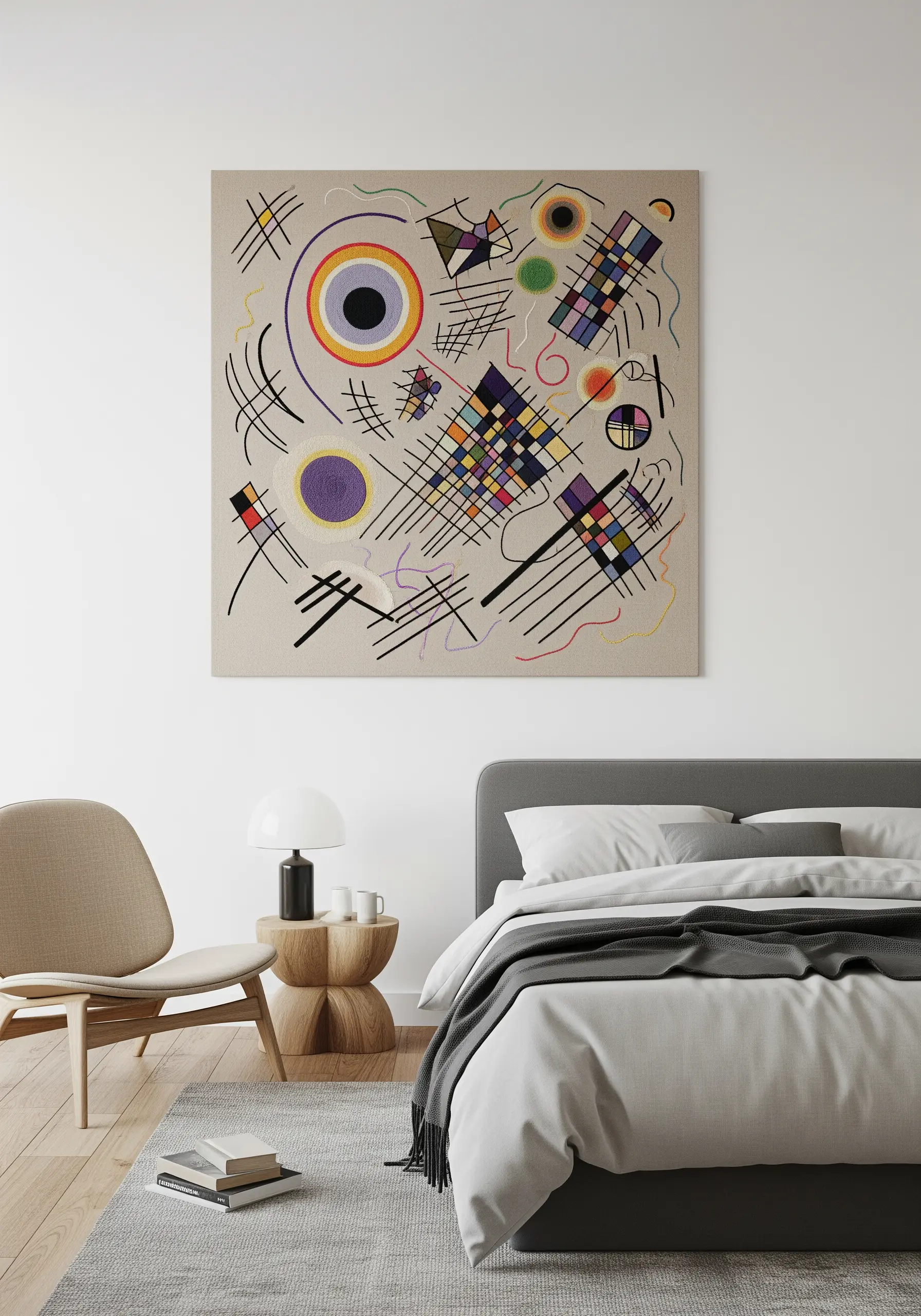 An abstract embroidered wall art piece inspired by Kandinsky, with geometric shapes and lines.