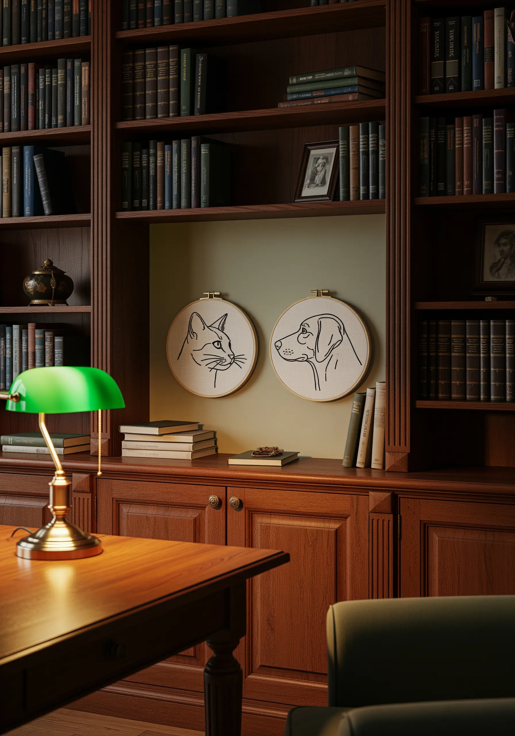 Two embroidery hoops with minimalist line-art profiles of a cat and a dog.