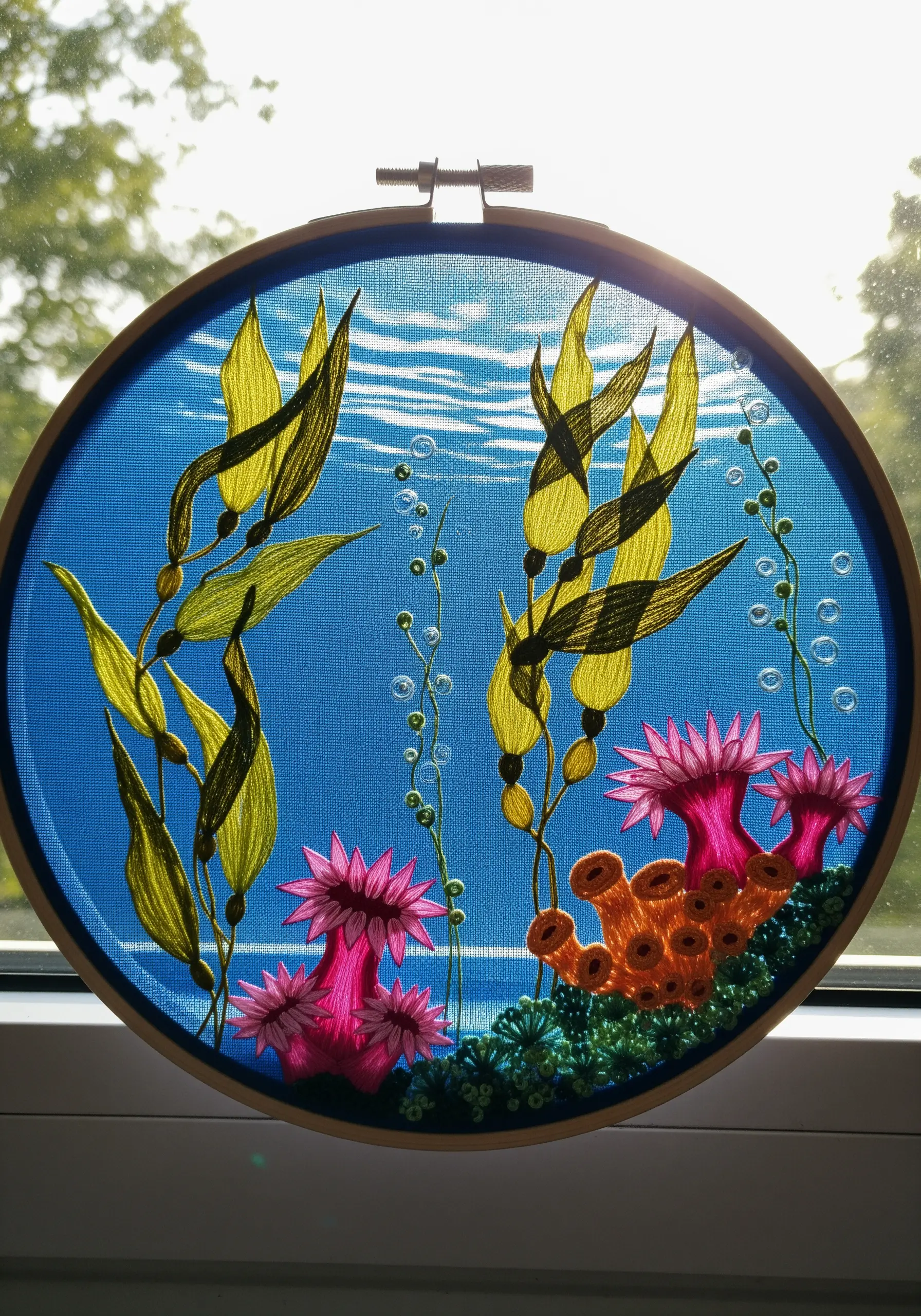 An underwater scene embroidered with kelp, sea anemones, and bubbles on blue fabric.