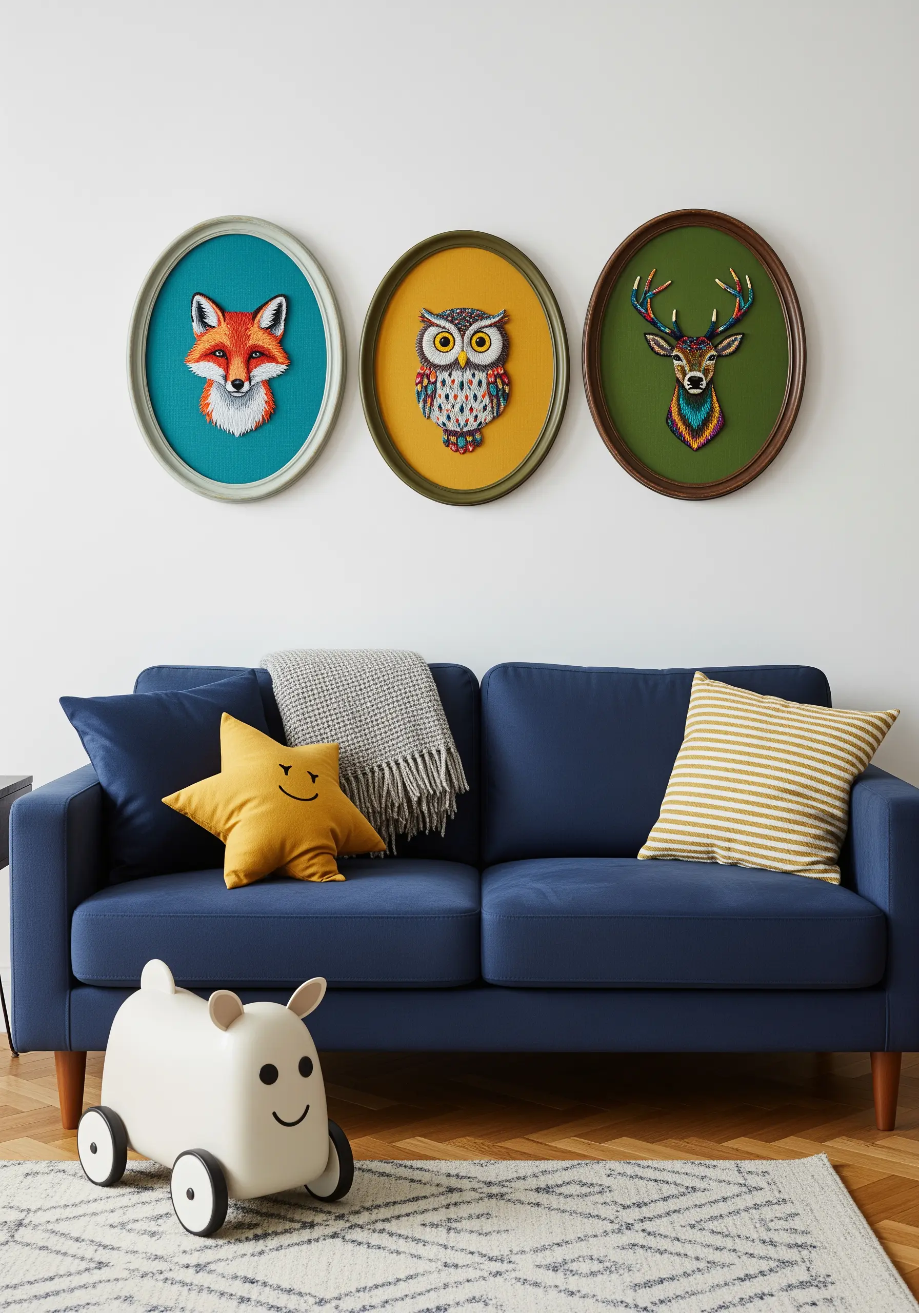 A trio of round-framed animal portraits: a fox, an owl, and a deer.