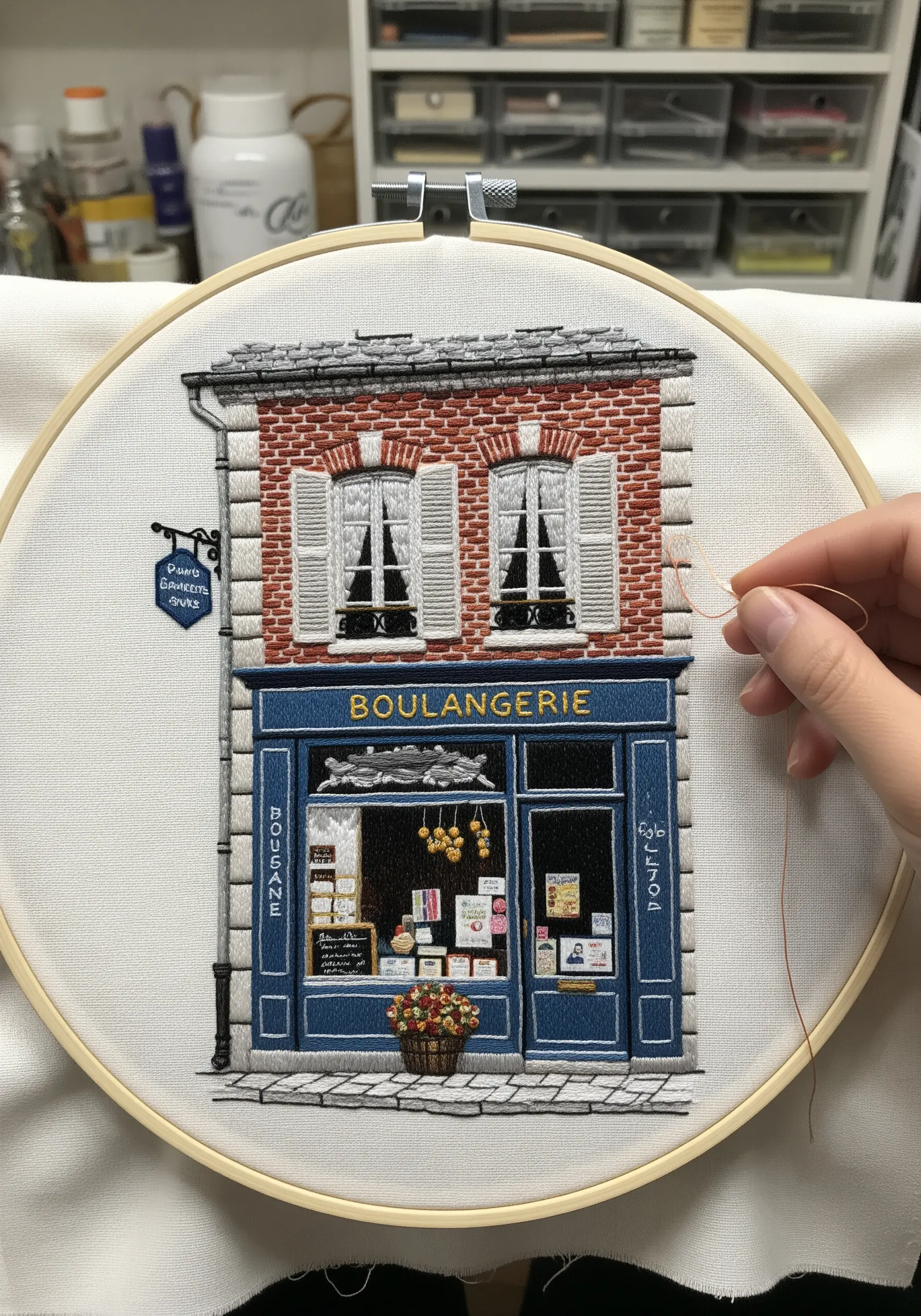 Highly detailed embroidery of a French boulangerie, focusing on architectural elements.