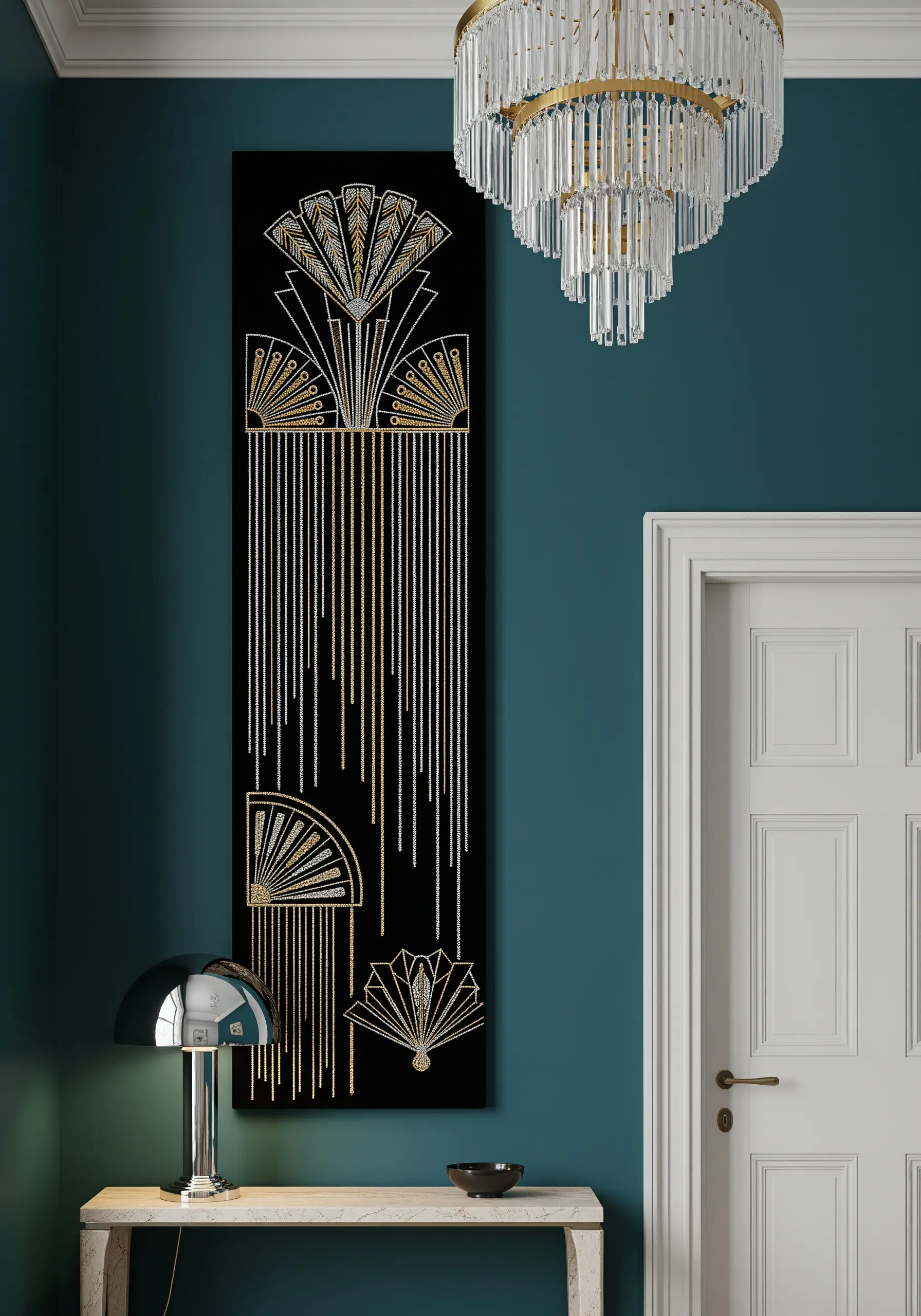 A tall, narrow Art Deco embroidered panel with gold and silver metallic threads on black fabric.