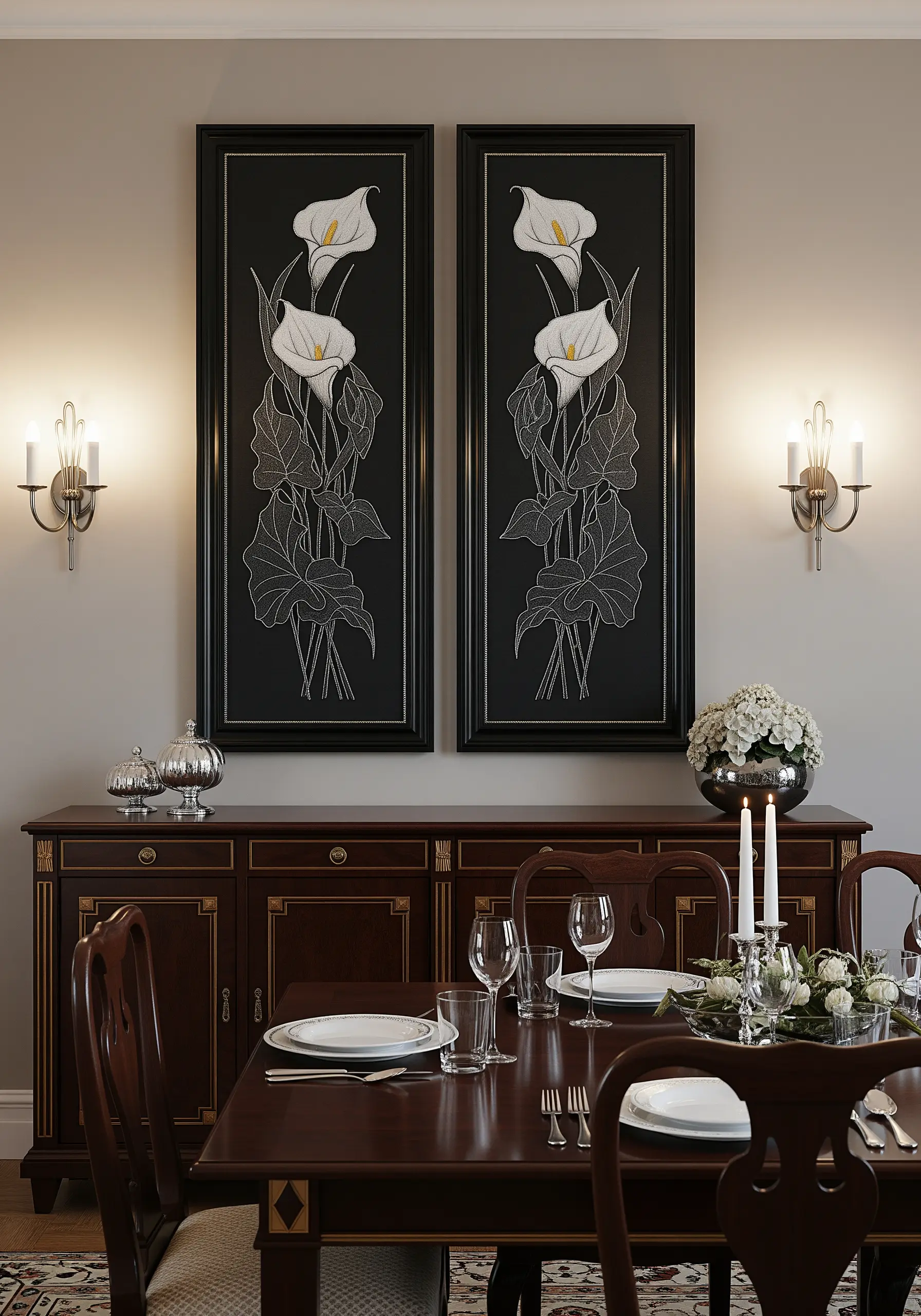 Two tall, framed embroideries of white calla lilies in an Art Deco style.