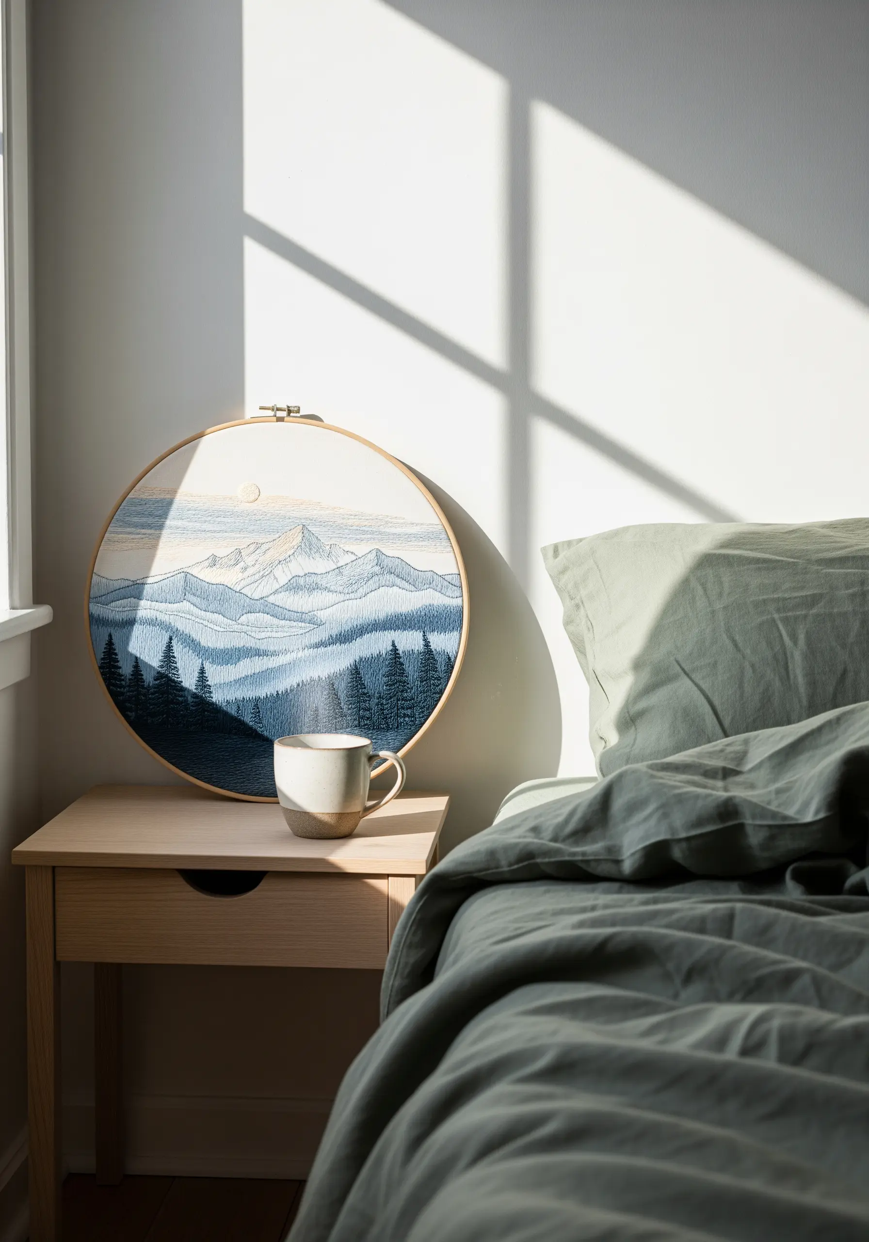 Embroidered mountain range with layered blue and white threads on a bedside table.