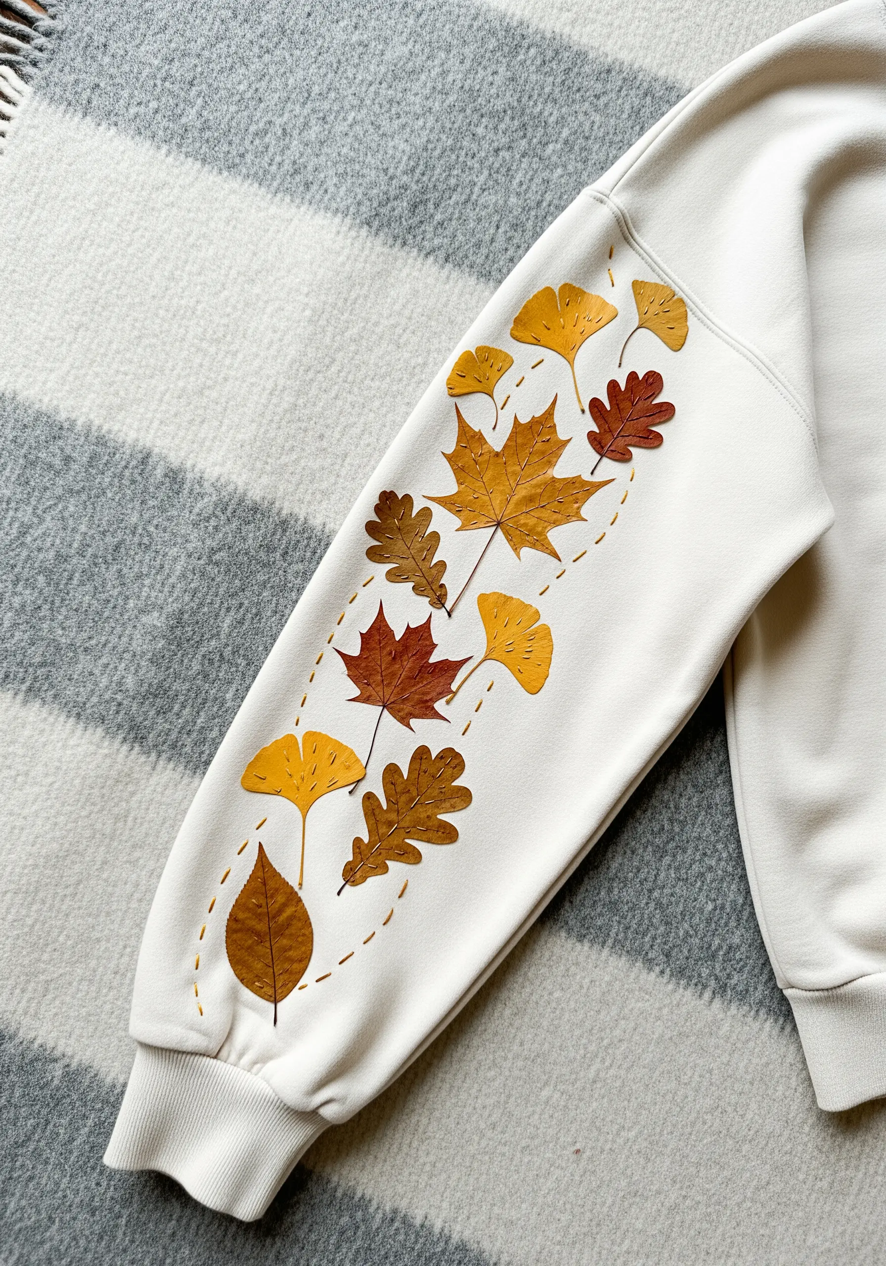 Pressed autumn leaves arranged in a flowing pattern down the sleeve of a cream sweatshirt.