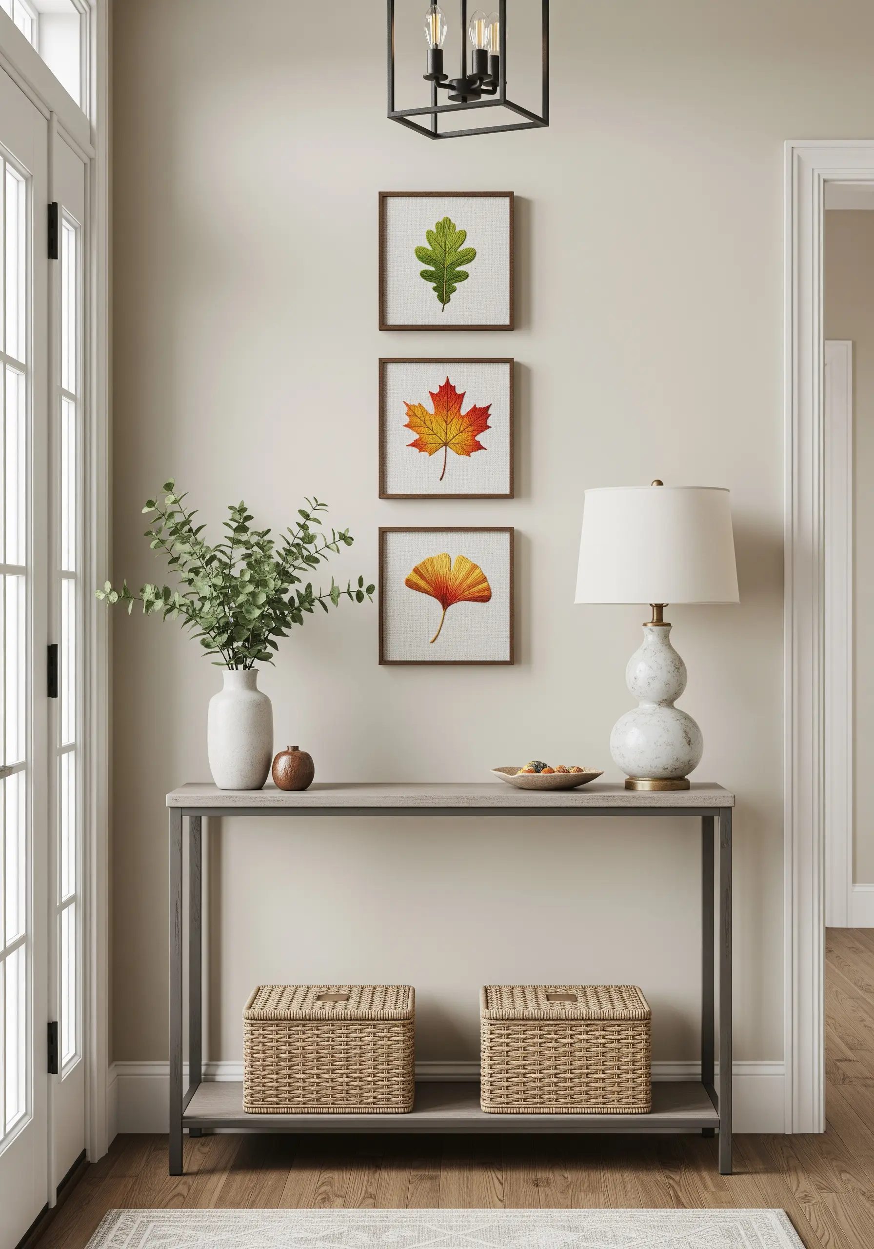 Three small framed embroidery pieces of autumn leaves vertically aligned on a wall