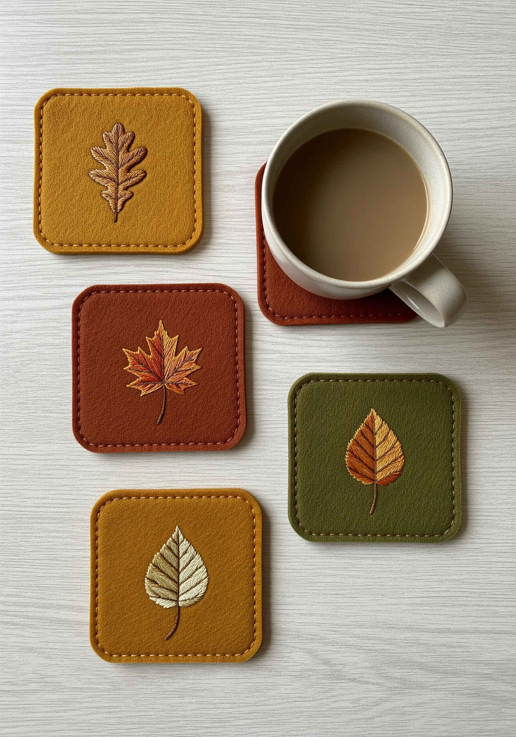 Four felt coasters in autumn colors, each with a thread-painted embroidered leaf.