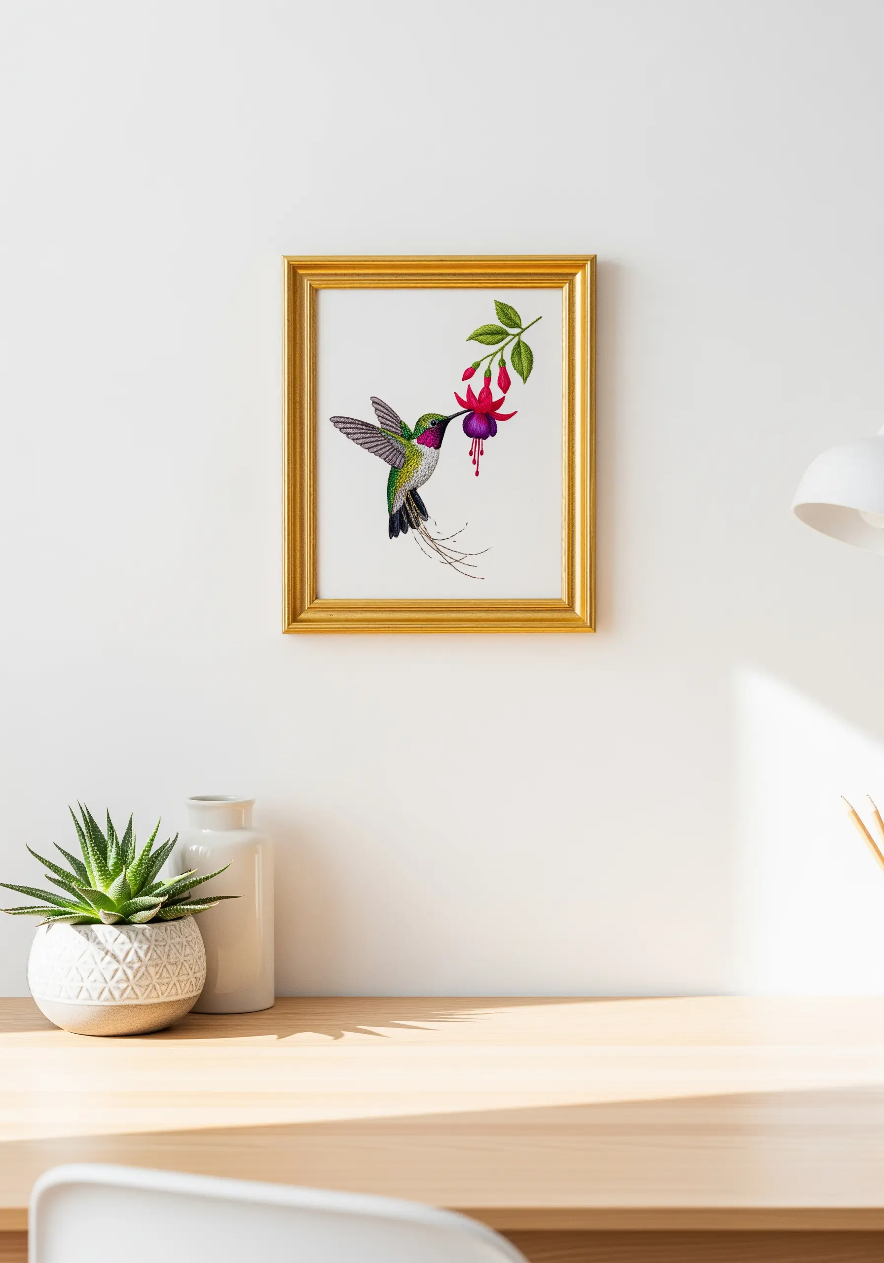 Small gold-framed embroidery of a hummingbird feeding from a fuchsia flower.