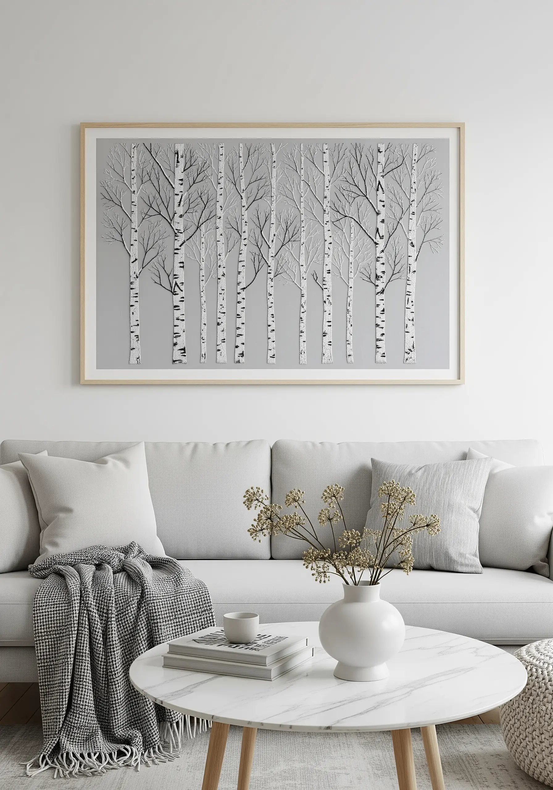 Large framed embroidery of a birch tree forest in a modern living room.
