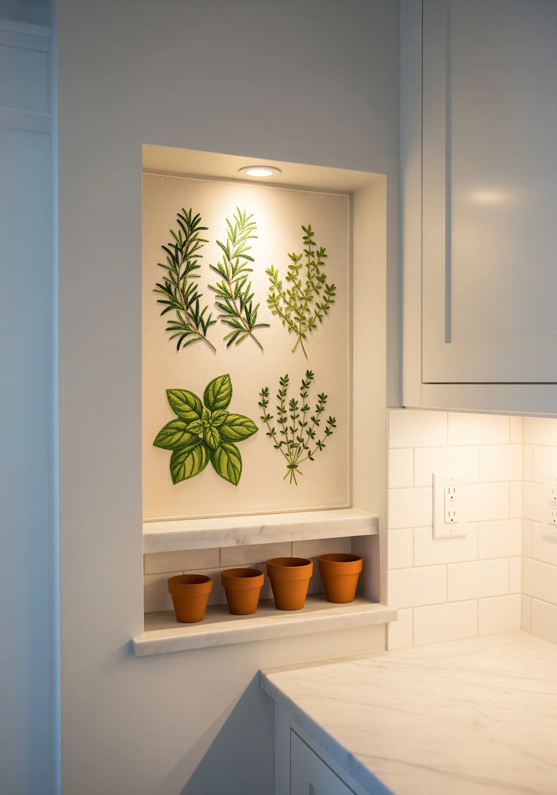 Realistic embroidery of various herbs like rosemary, basil, and thyme on a light fabric.
