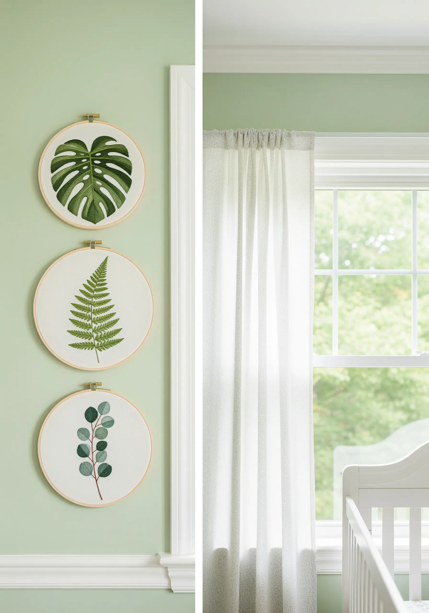 Three embroidery hoops with different botanical leaves: monstera, fern, and eucalyptus.