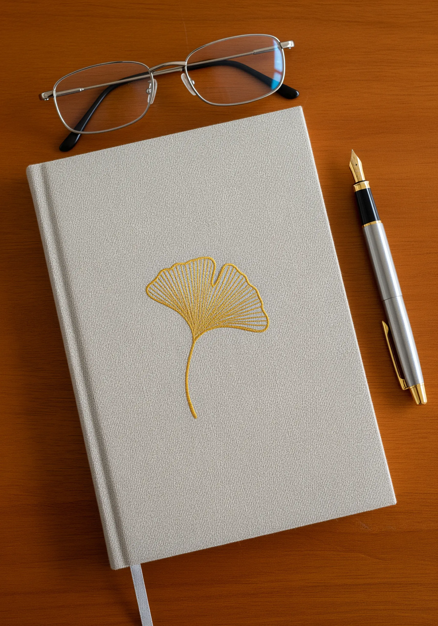 A delicate ginkgo leaf embroidered in gold thread on the cover of a linen journal.