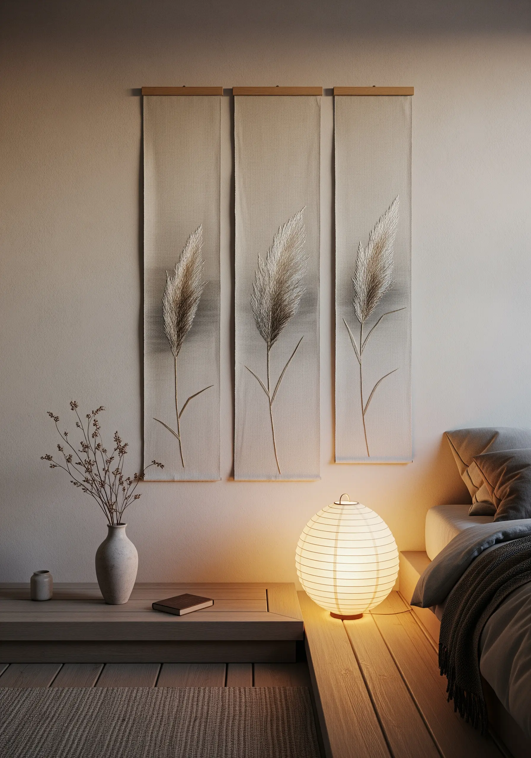 Three embroidered panels of pampas grass with fluffy, textured plumes.