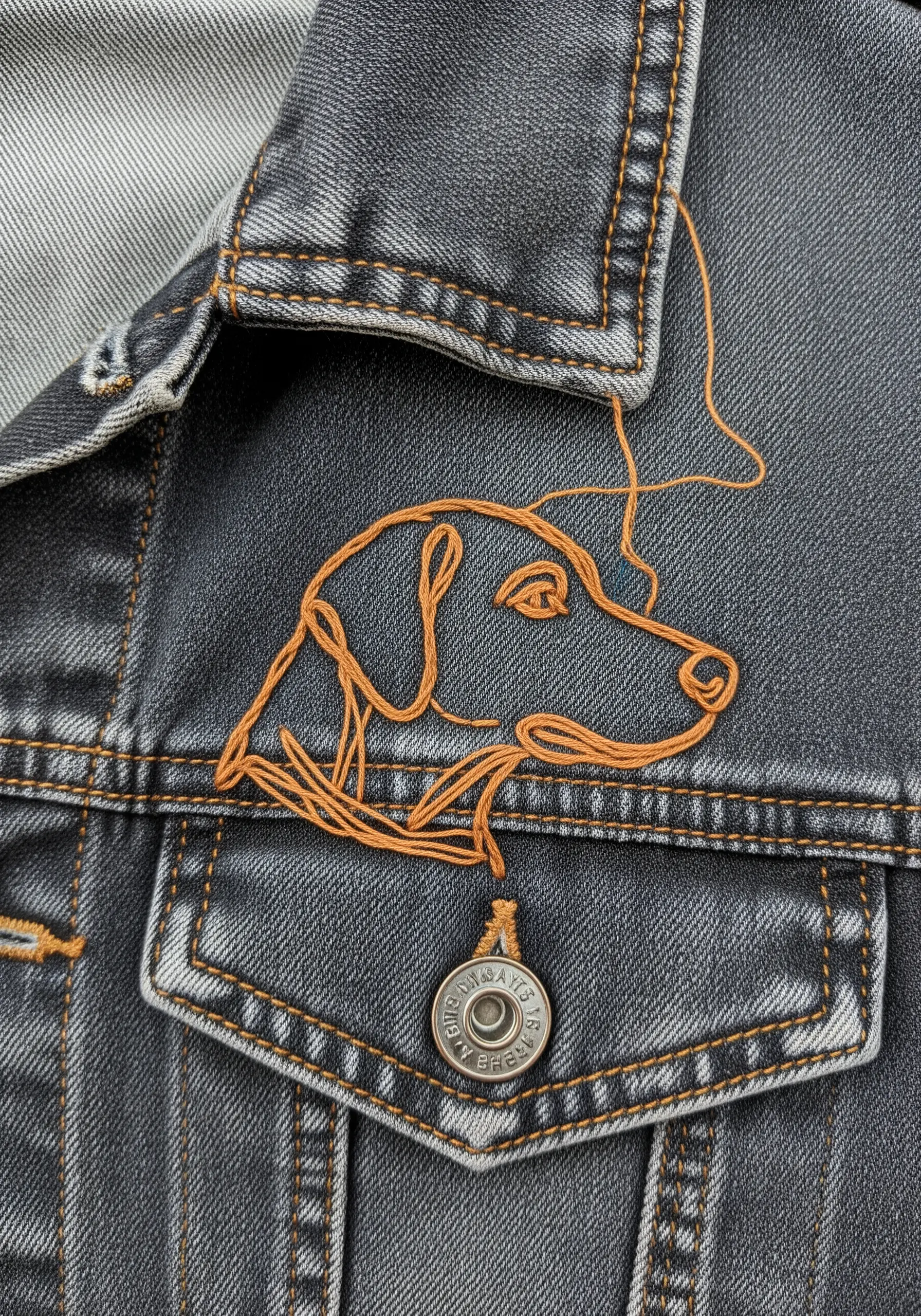 Minimalist line-art embroidery of a dog's head on the front of a black denim jacket.