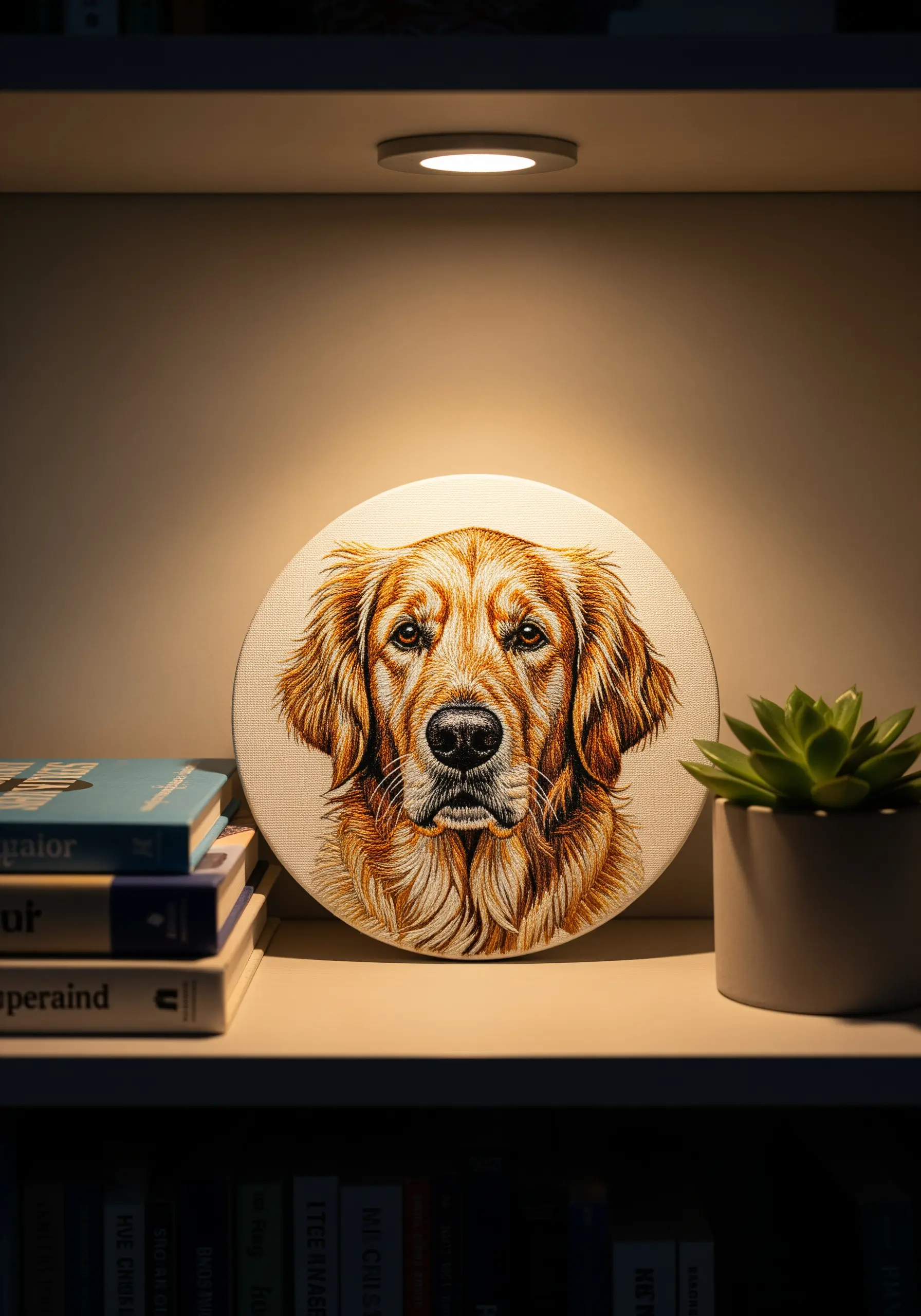 A highly realistic thread-painted portrait of a golden retriever on a round canvas.
