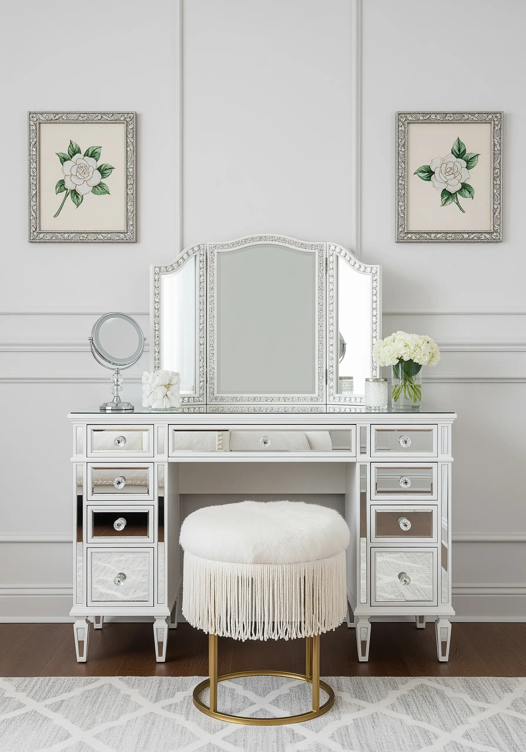 Two identical embroideries of white gardenias in silver frames hanging on a white paneled wall.