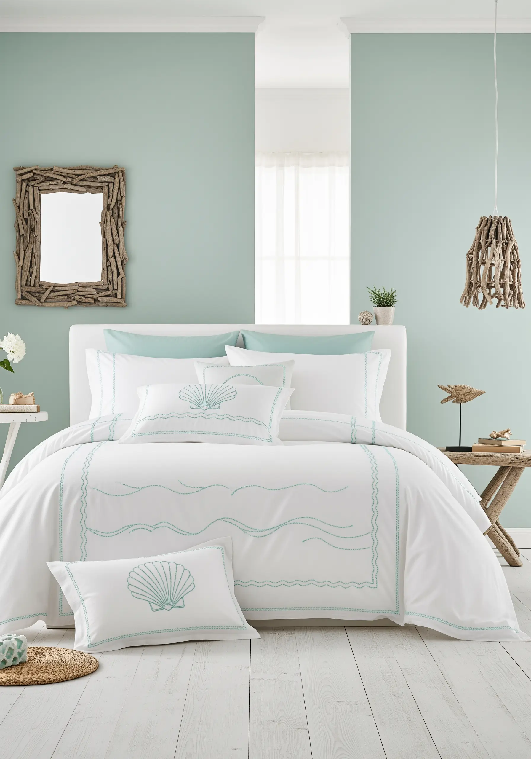 White coastal-themed bedding with embroidered seafoam green shells and wave borders.