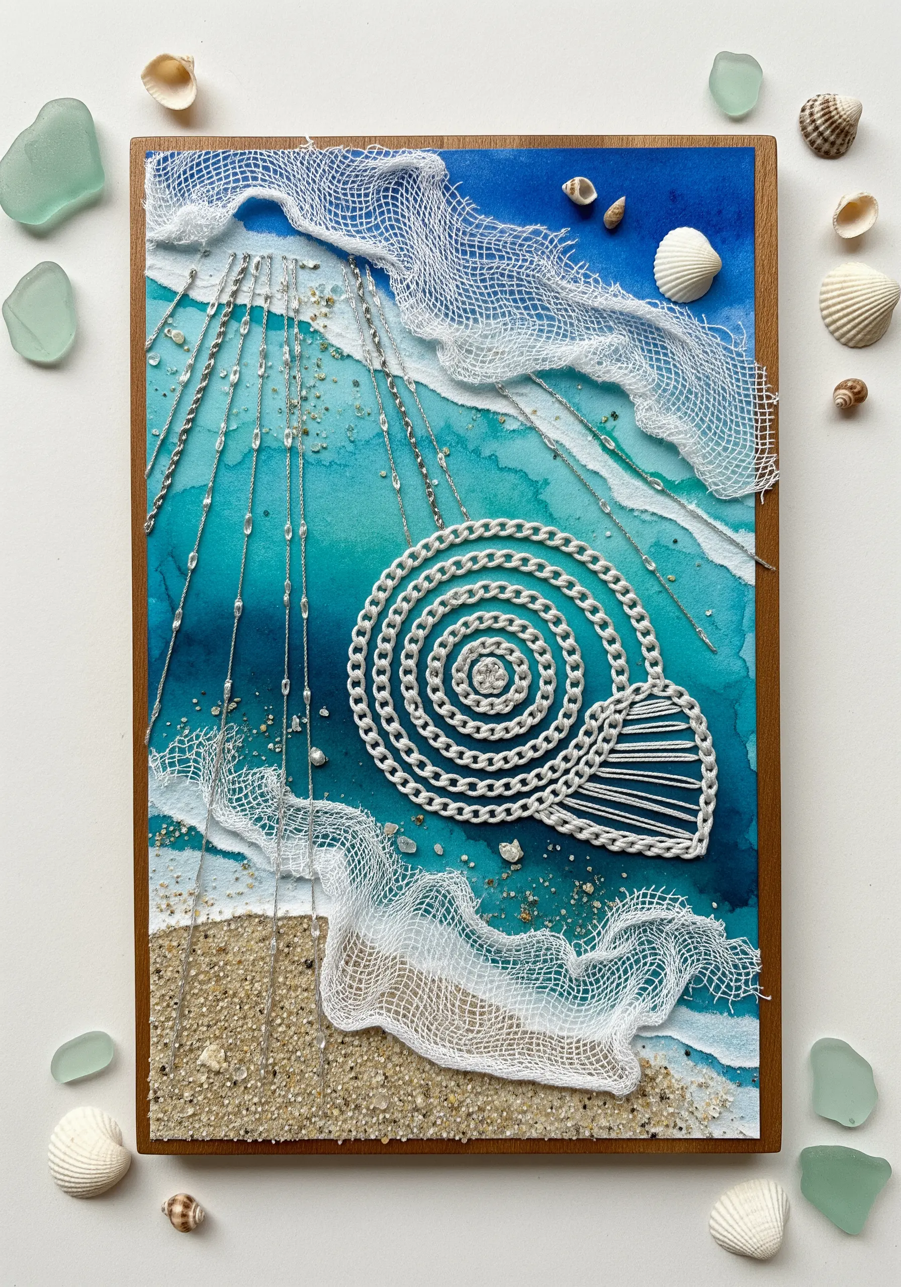 A mixed-media coastal scene with a couched seashell, real sand, and netting on a watercolor background.